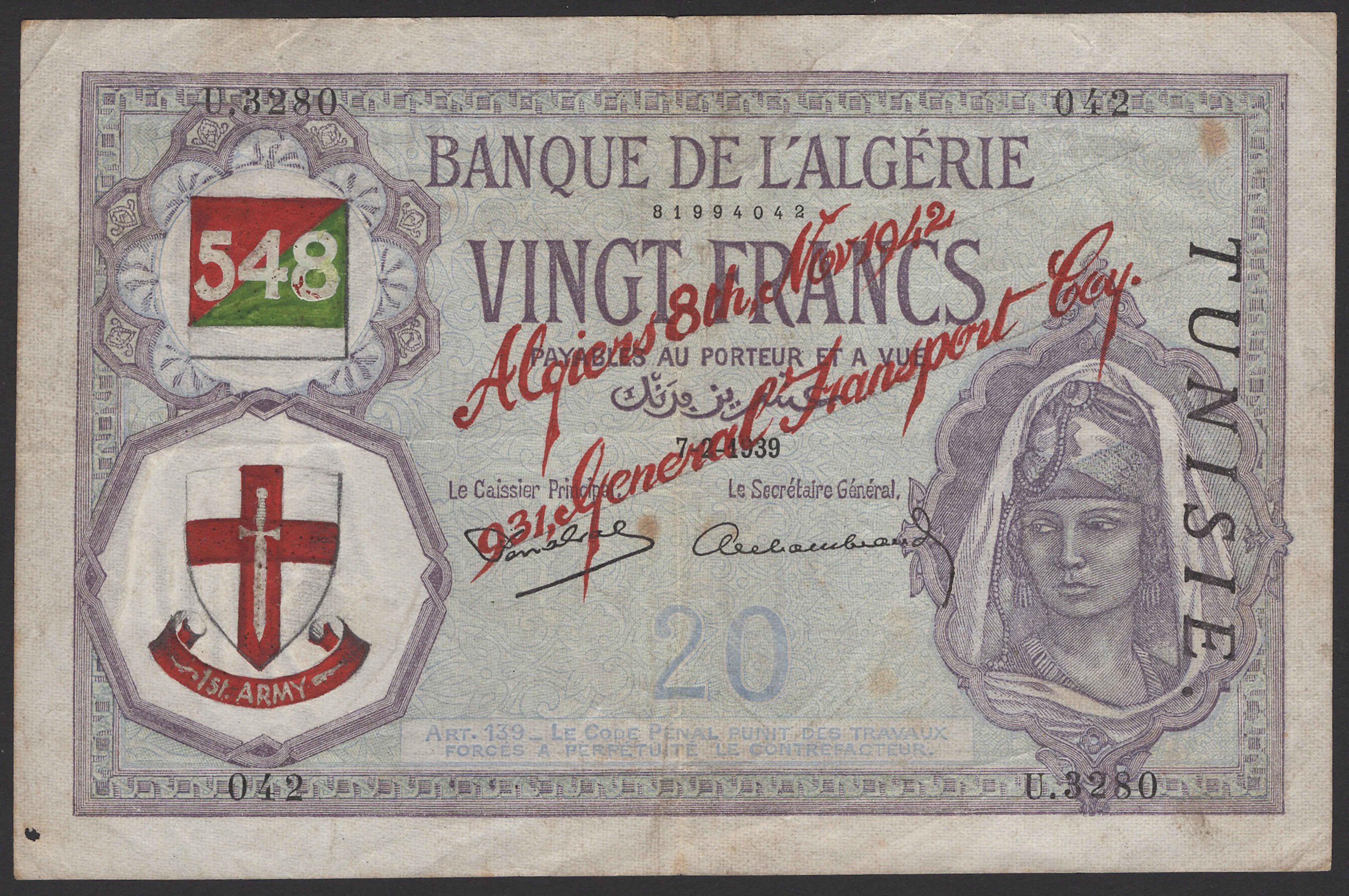 Banque de l‘Algerie, Tunisia, 20 Francs, 7 February 1939, serial number