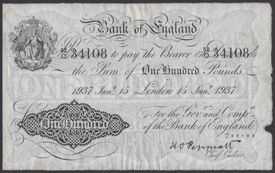 Bank of England, Kenneth O. Peppiatt, £100, 15 January 1937, serial