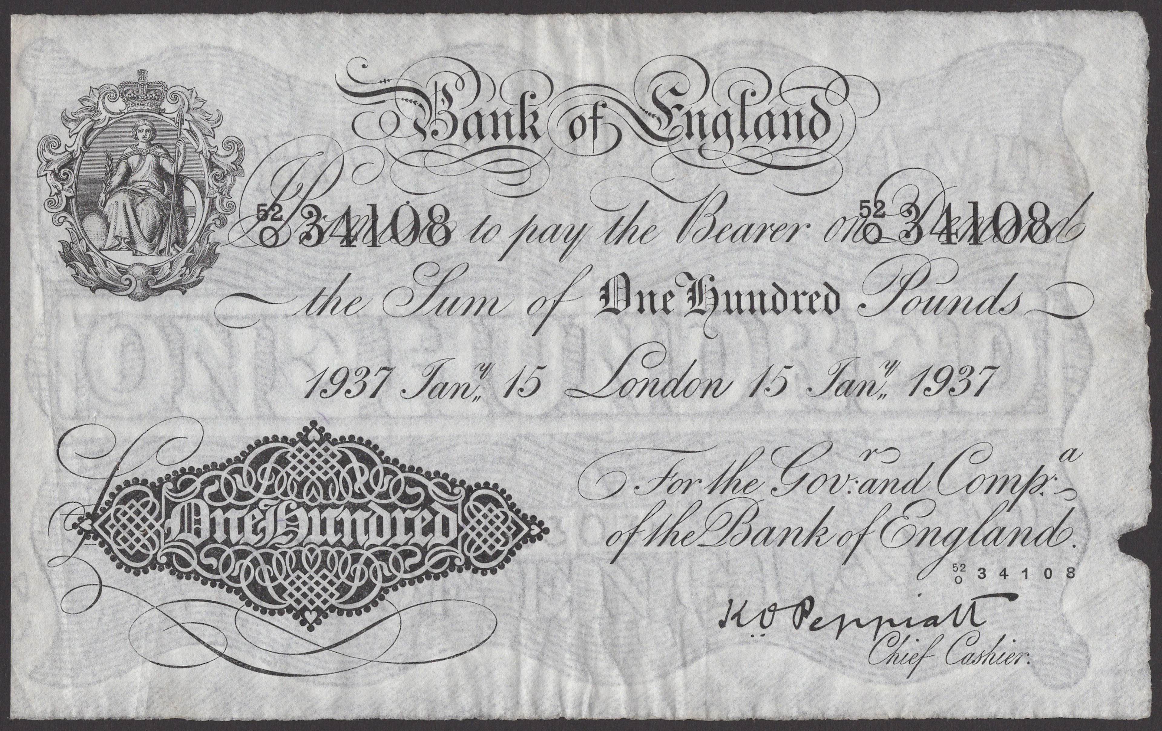 Bank of England, Kenneth O. Peppiatt, £100, 15 January 1937, serial