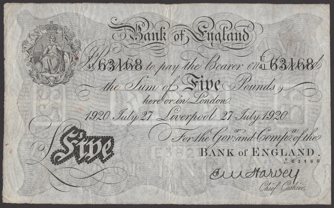 Bank of England, Ernest M. Harvey, £5, Liverpool, 27 July 1920, serial