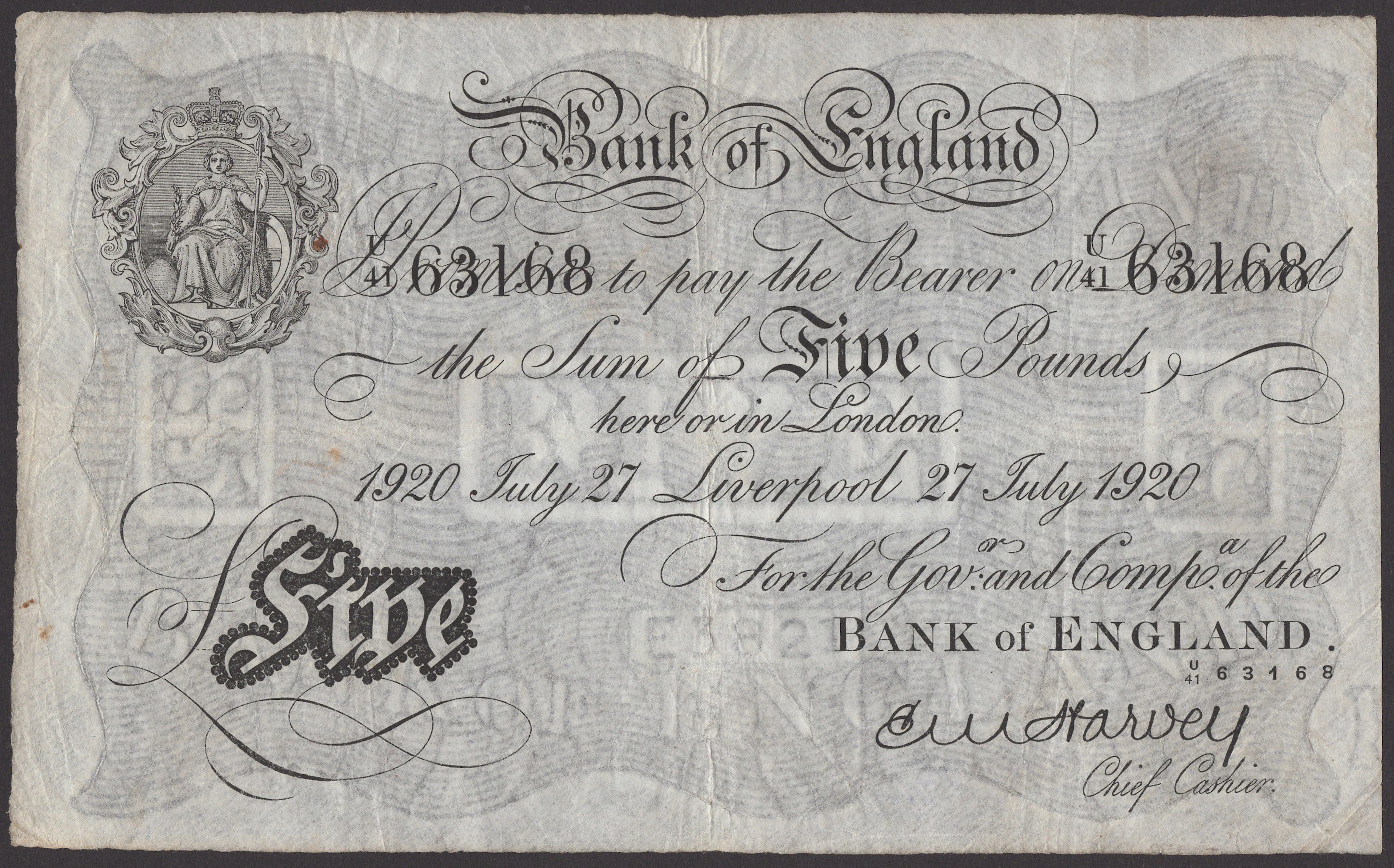 Bank of England, Ernest M. Harvey, £5, Liverpool, 27 July 1920, serial