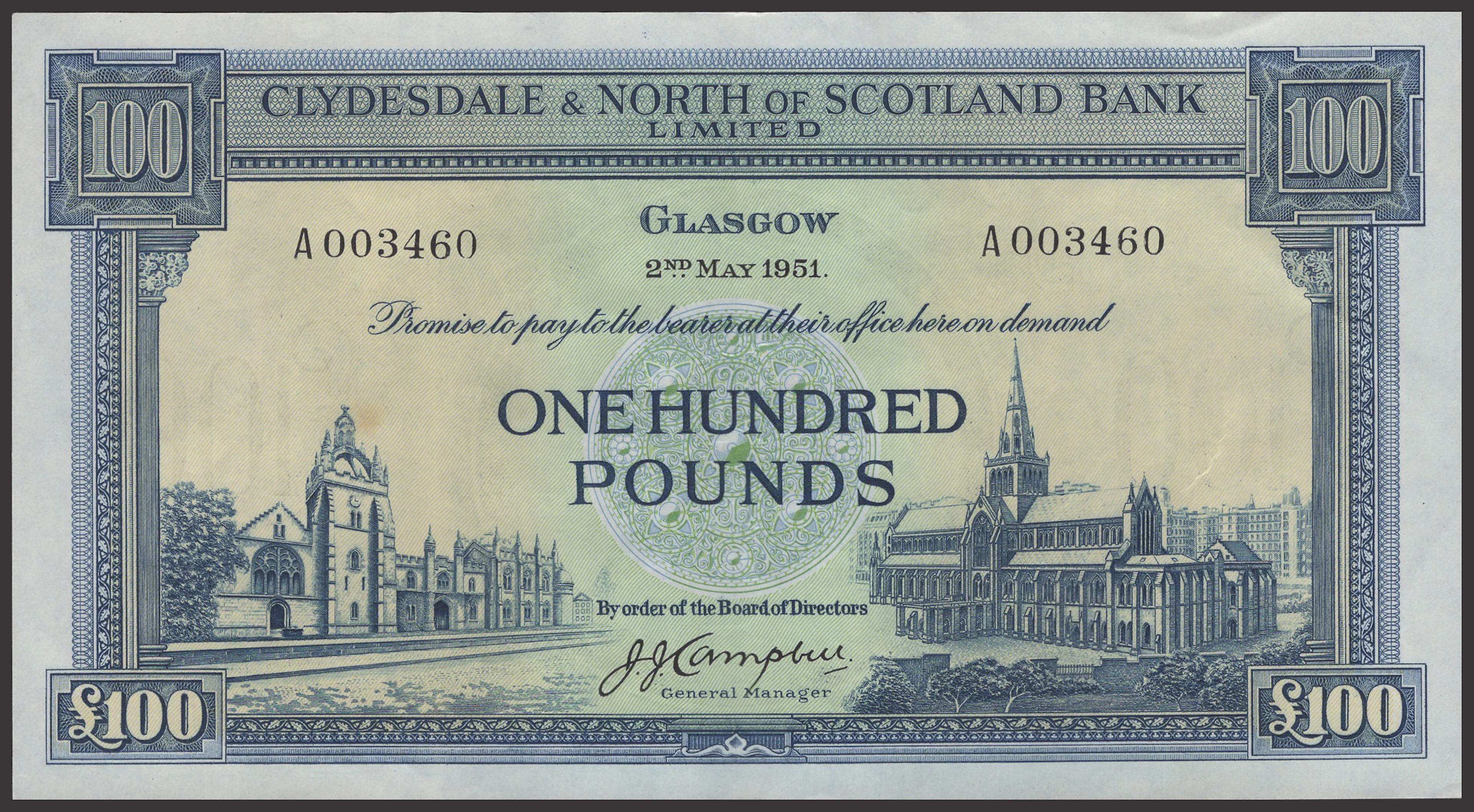 Clydesdale & North of Scotland Bank Limited, £100, 2 May 1951, serial