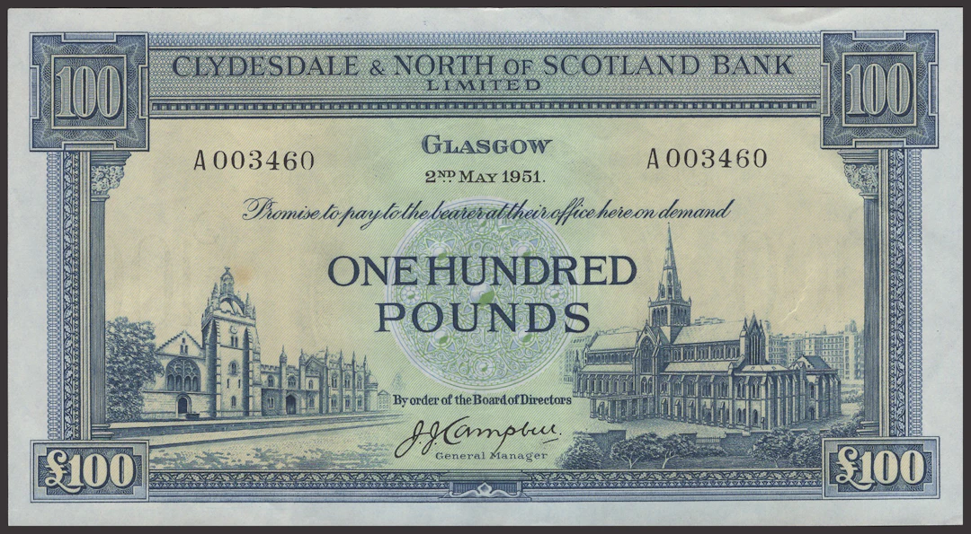 Clydesdale & North of Scotland Bank Limited, £100, 2 May 1951, serial