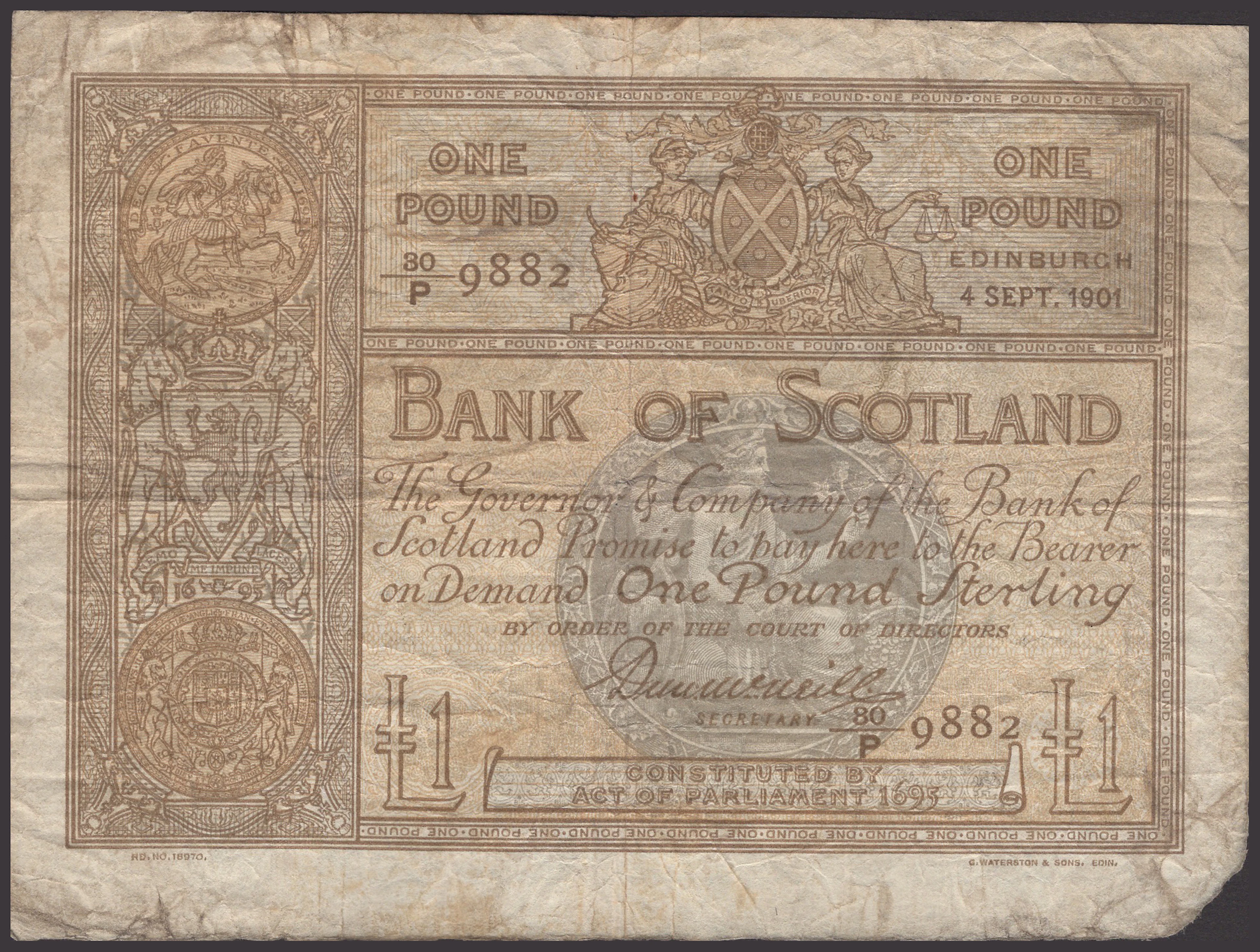 Bank of Scotland, £1, 4 September 1901, serial number 30/P 9882, McNeill