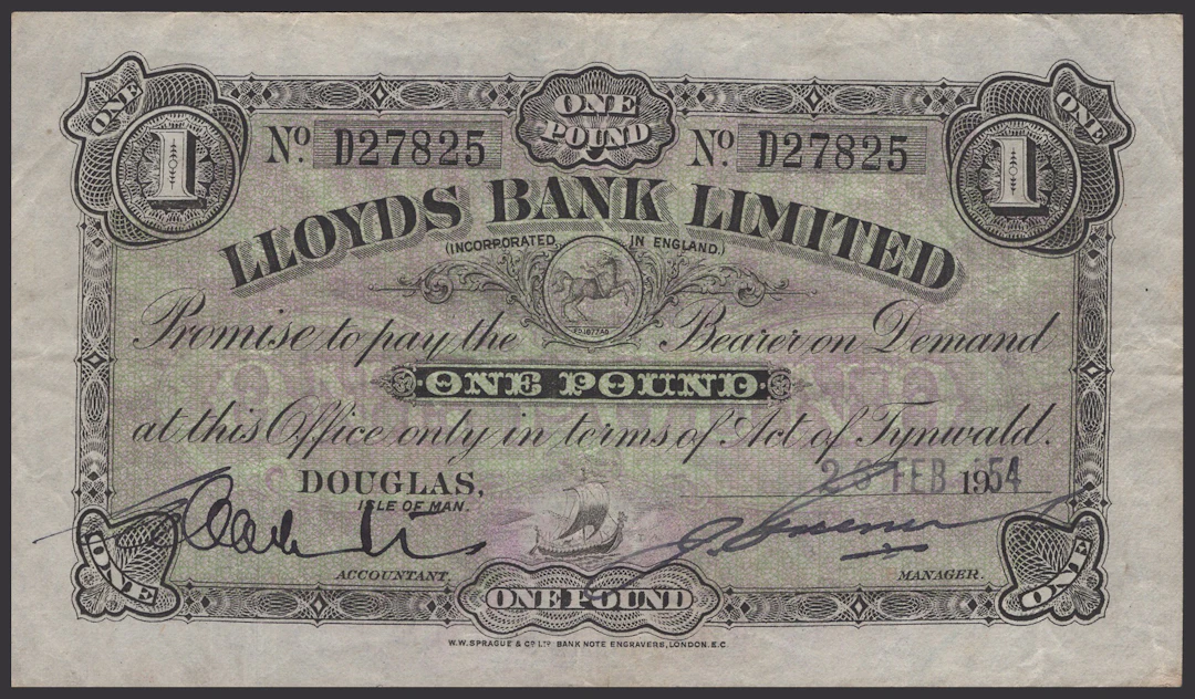 Lloyds Bank Limited, £1, 26 February 1954, serial number D27825, Greenwood