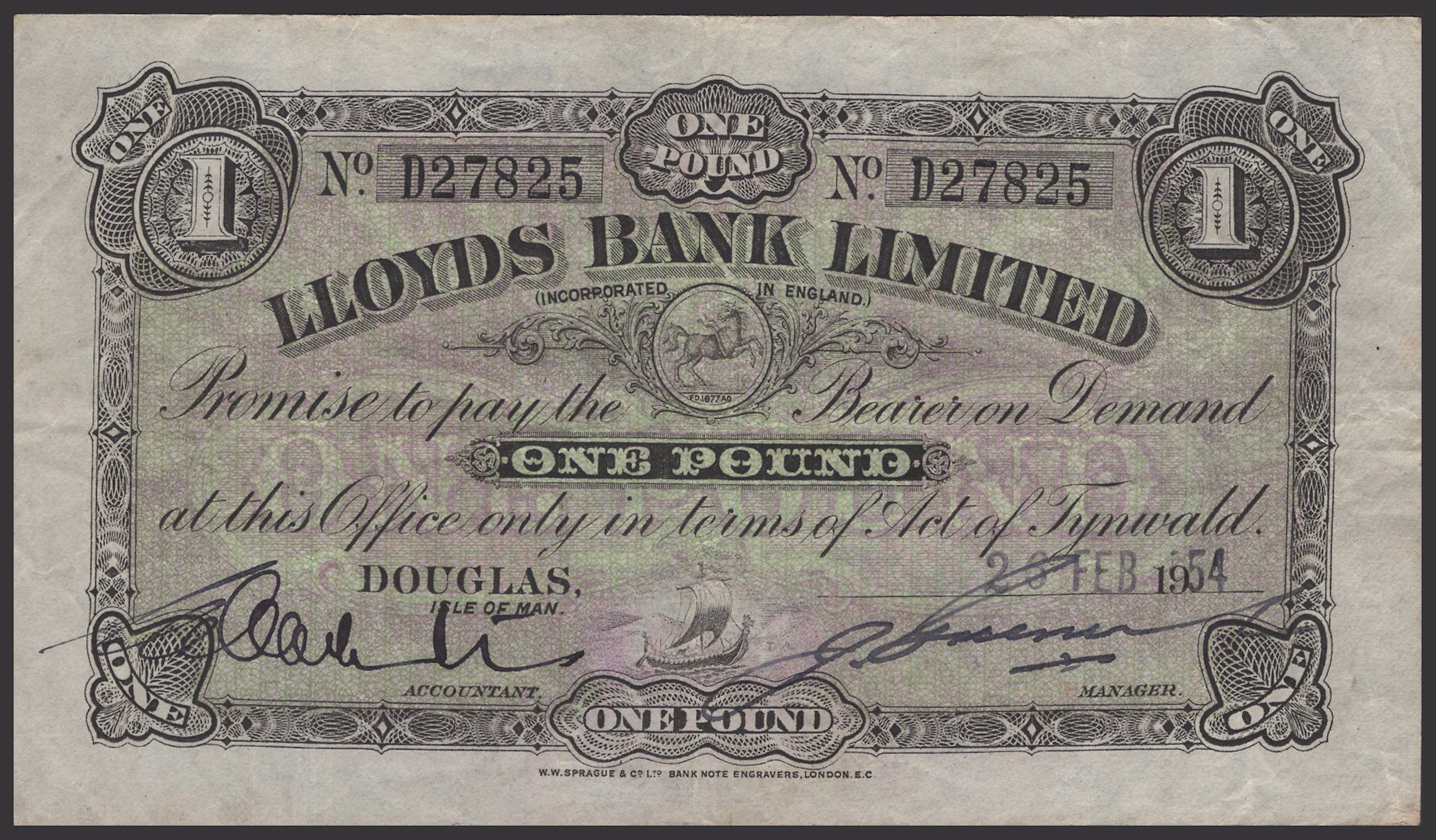 Lloyds Bank Limited, £1, 26 February 1954, serial number D27825, Greenwood