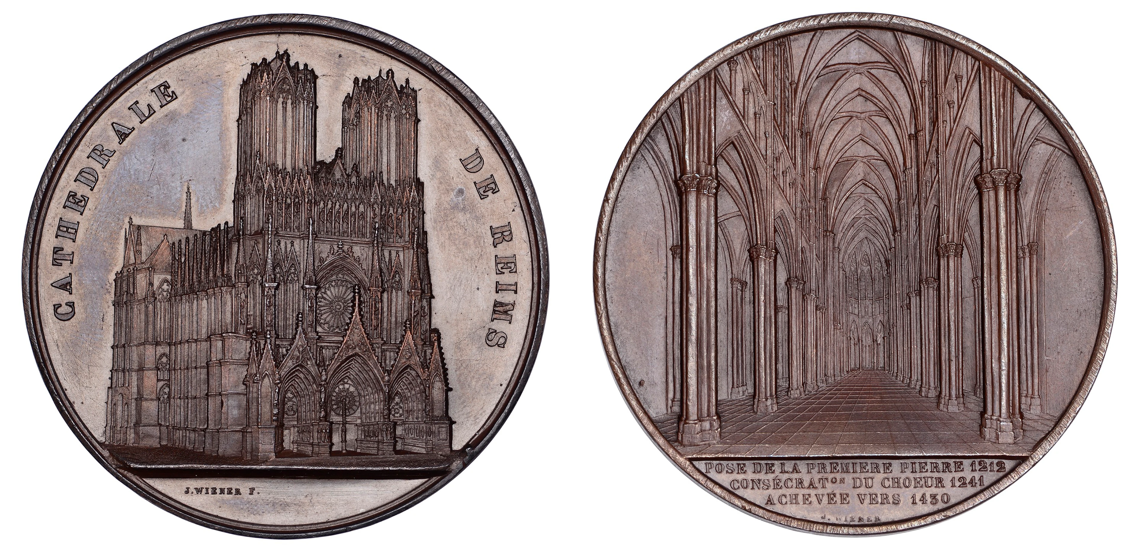 FRANCE, Cathedrale de Reims [Reims Cathedral], 1859, a copper medal
