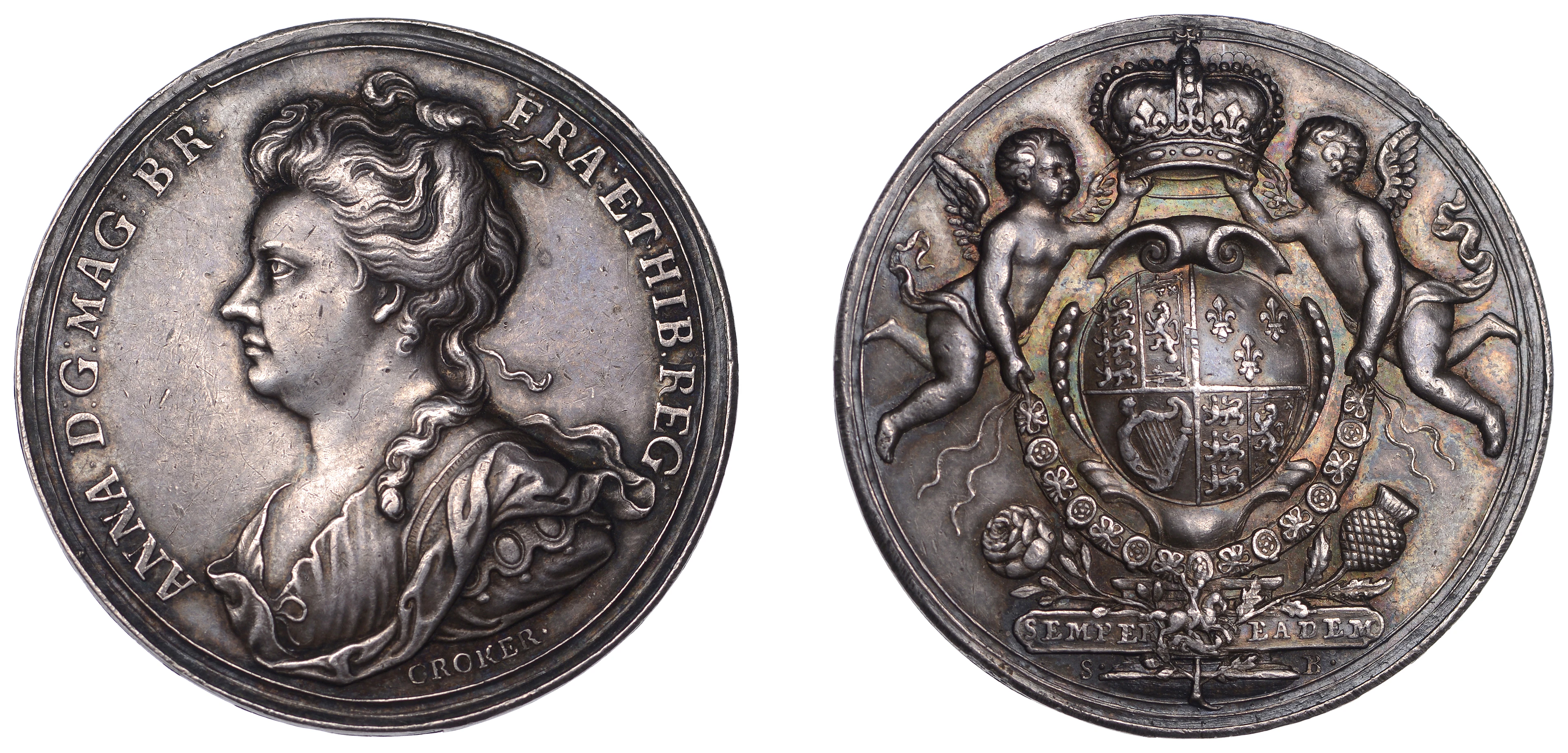 Union of England and Scotland, 1707, a silver medal by J. Croker and