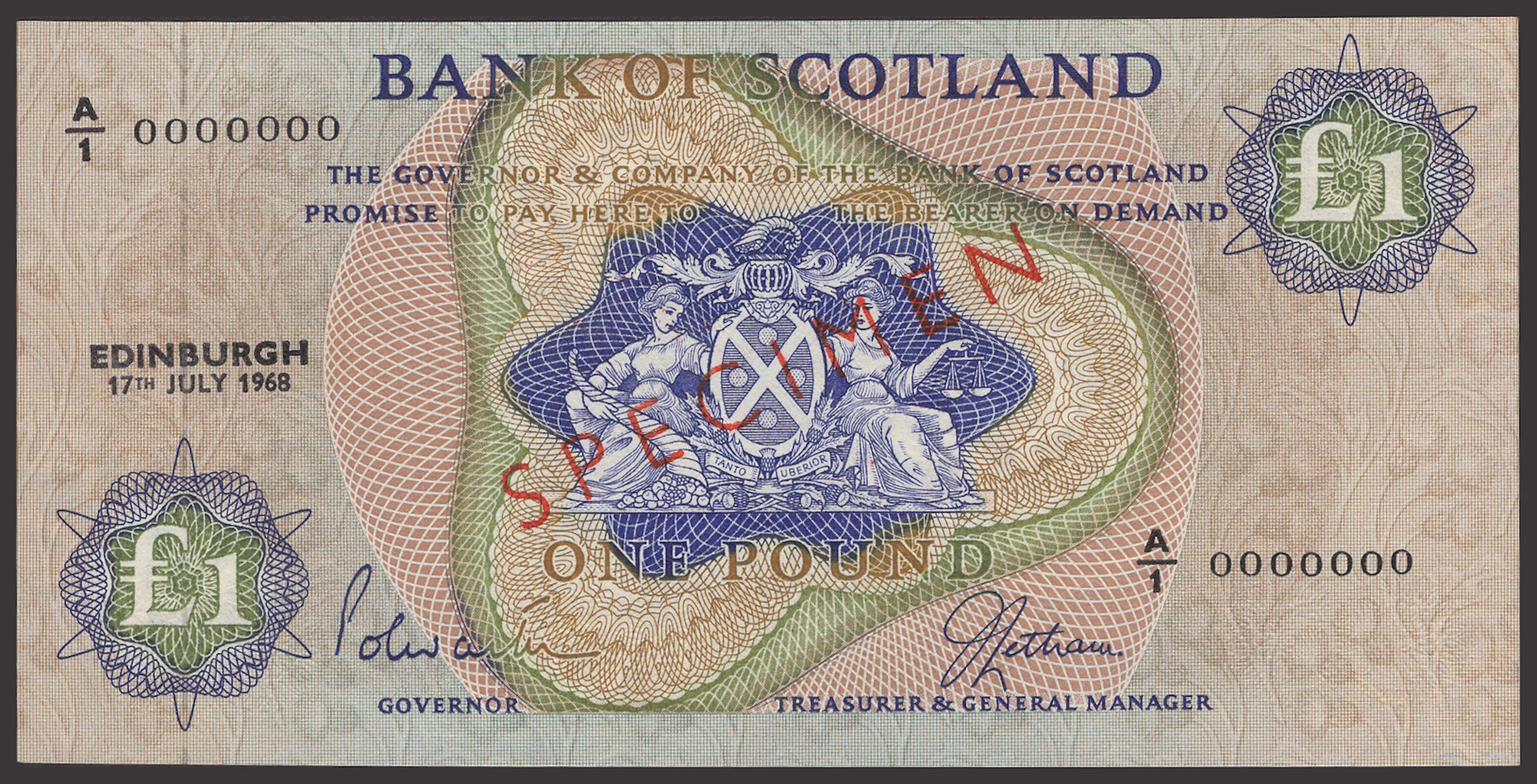 Bank of Scotland, specimen £1, 17 July 1968, serial number A/1 0000000