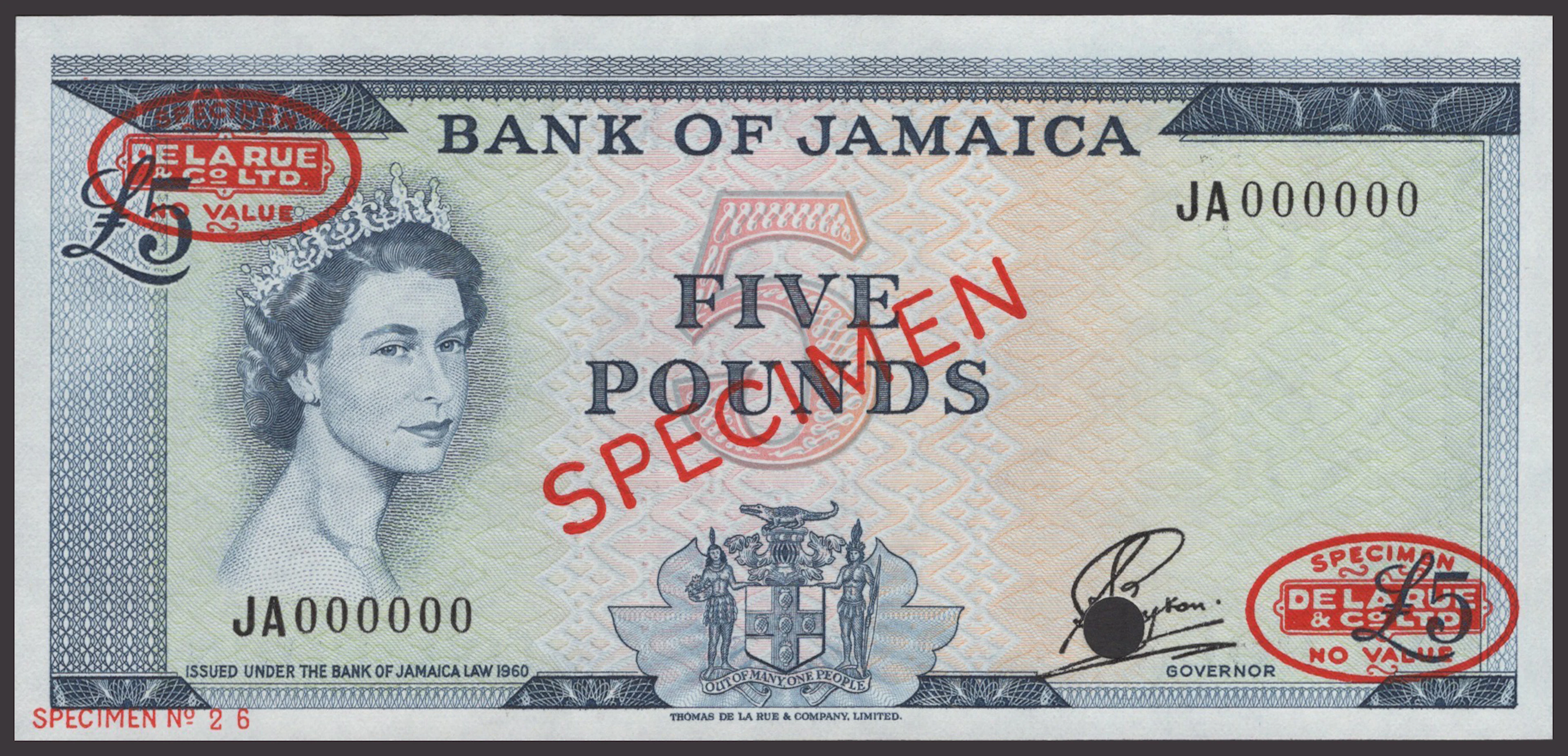 Bank of Jamaica, specimen £5, 1960 (1963), serial number JA000000