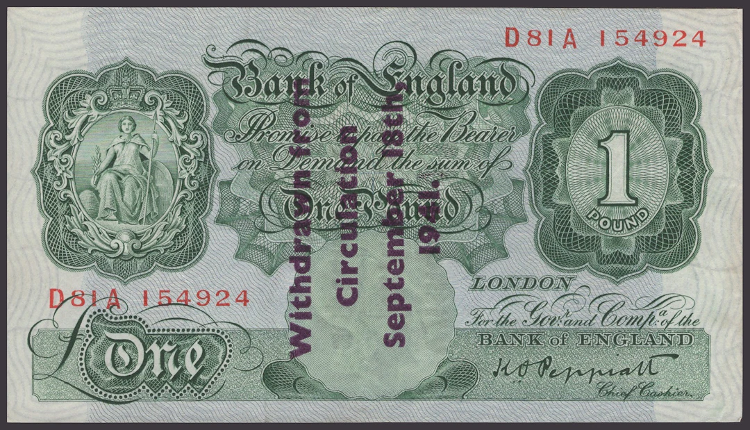 Bank of England, Kenneth O. Peppiatt, Guernsey Overprint, £1, 1941