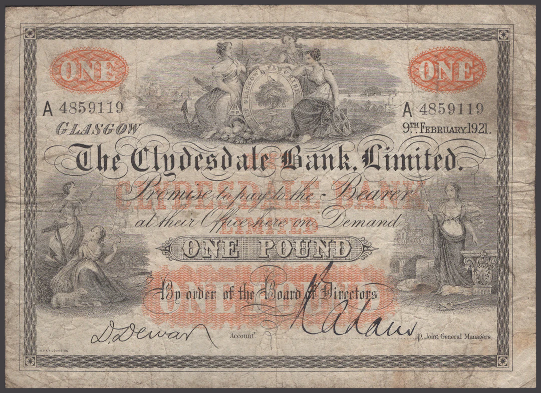 Clydesdale Bank Limited, £1, 9 February 1921, serial number A4859119