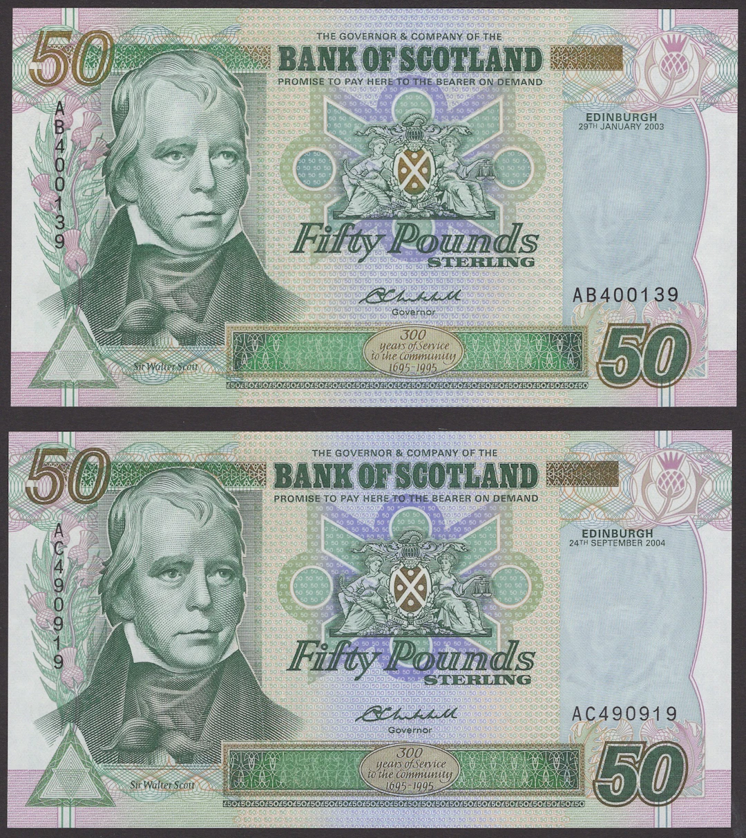 Bank of Scotland, £50 (2), 29 January 2003, serial number AB400139