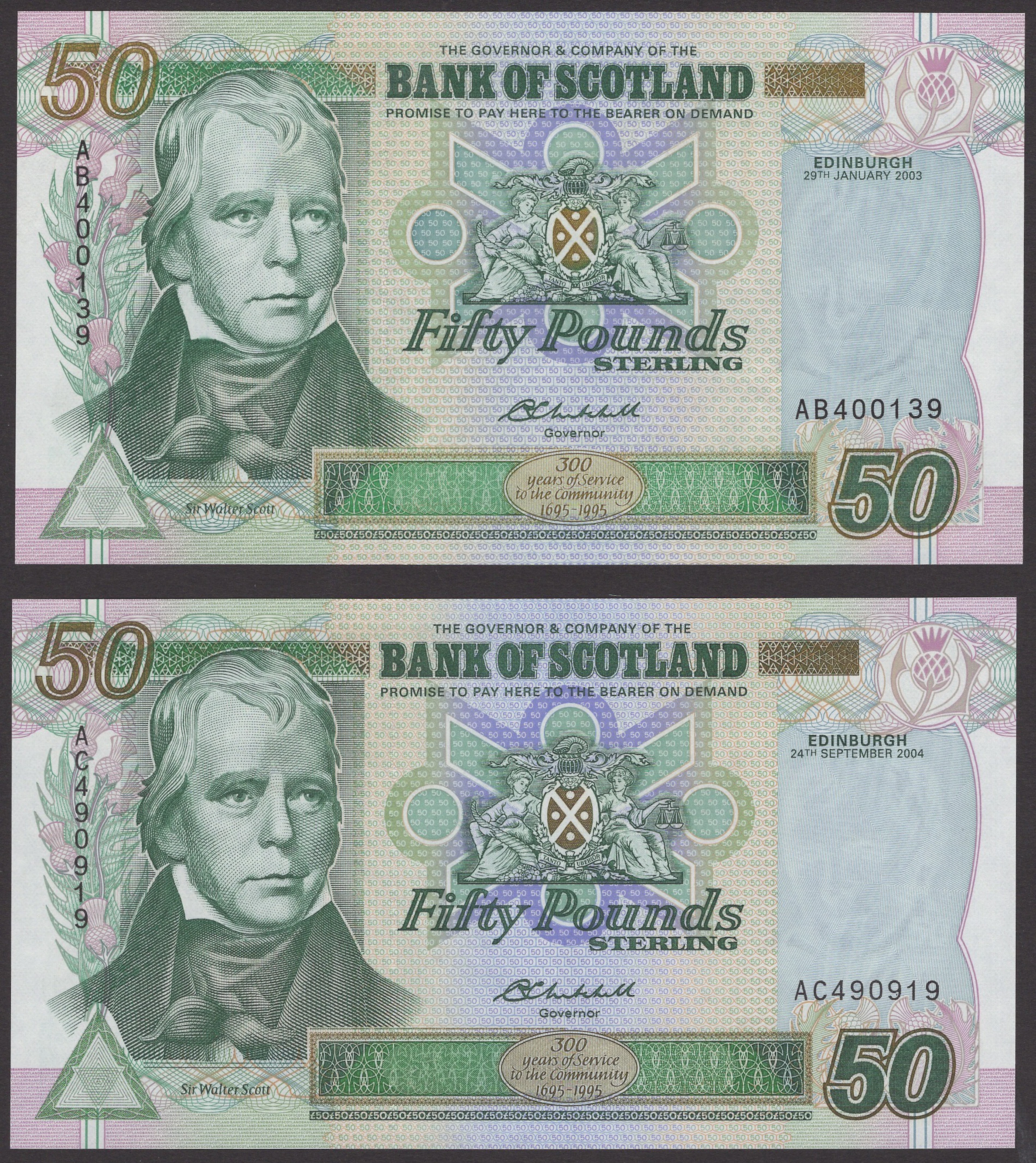 Bank of Scotland, £50 (2), 29 January 2003, serial number AB400139