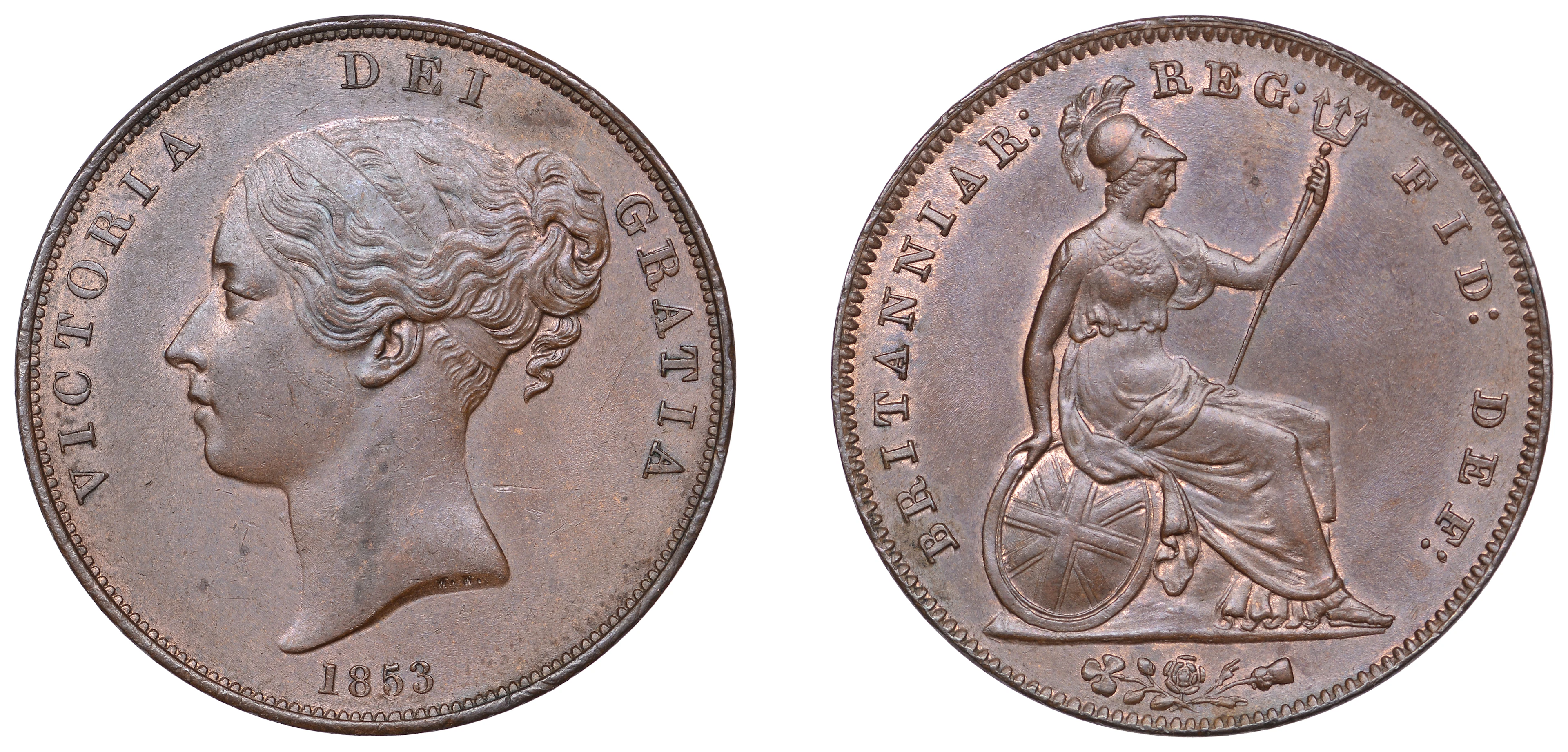 Victoria (1837-1901), Penny, 1853, plain trident (BMC 1504; S 3948).