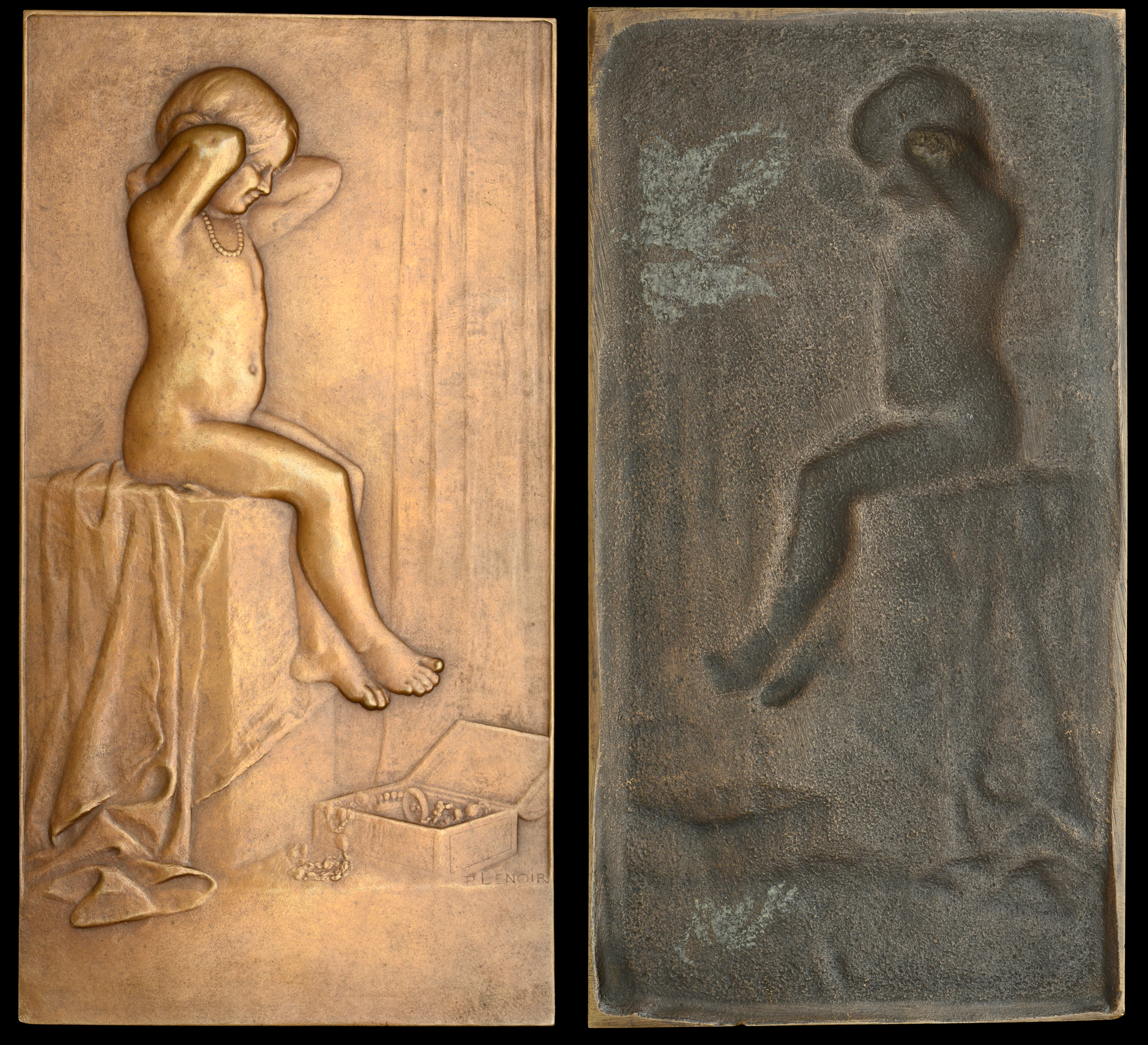 France, Fillette aux Bijoux, c. 1920, a uniface bronze plaque by P.-C.