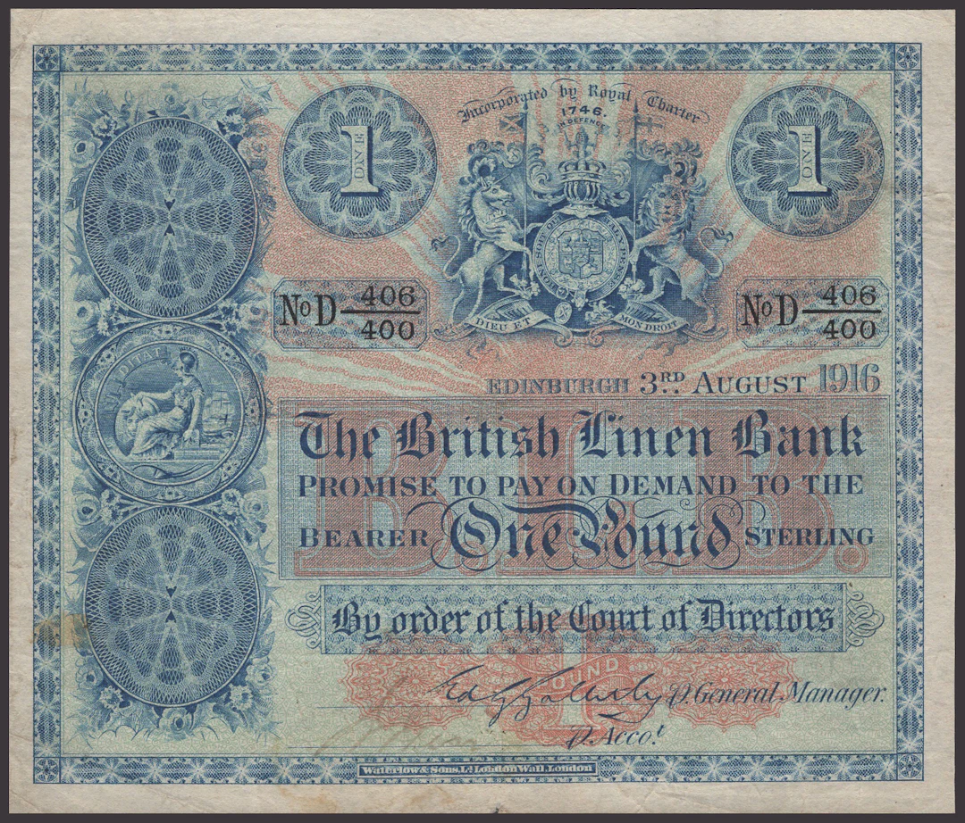 British Linen Bank, £1, 3 August 1916, serial number D 406/400, Galletly