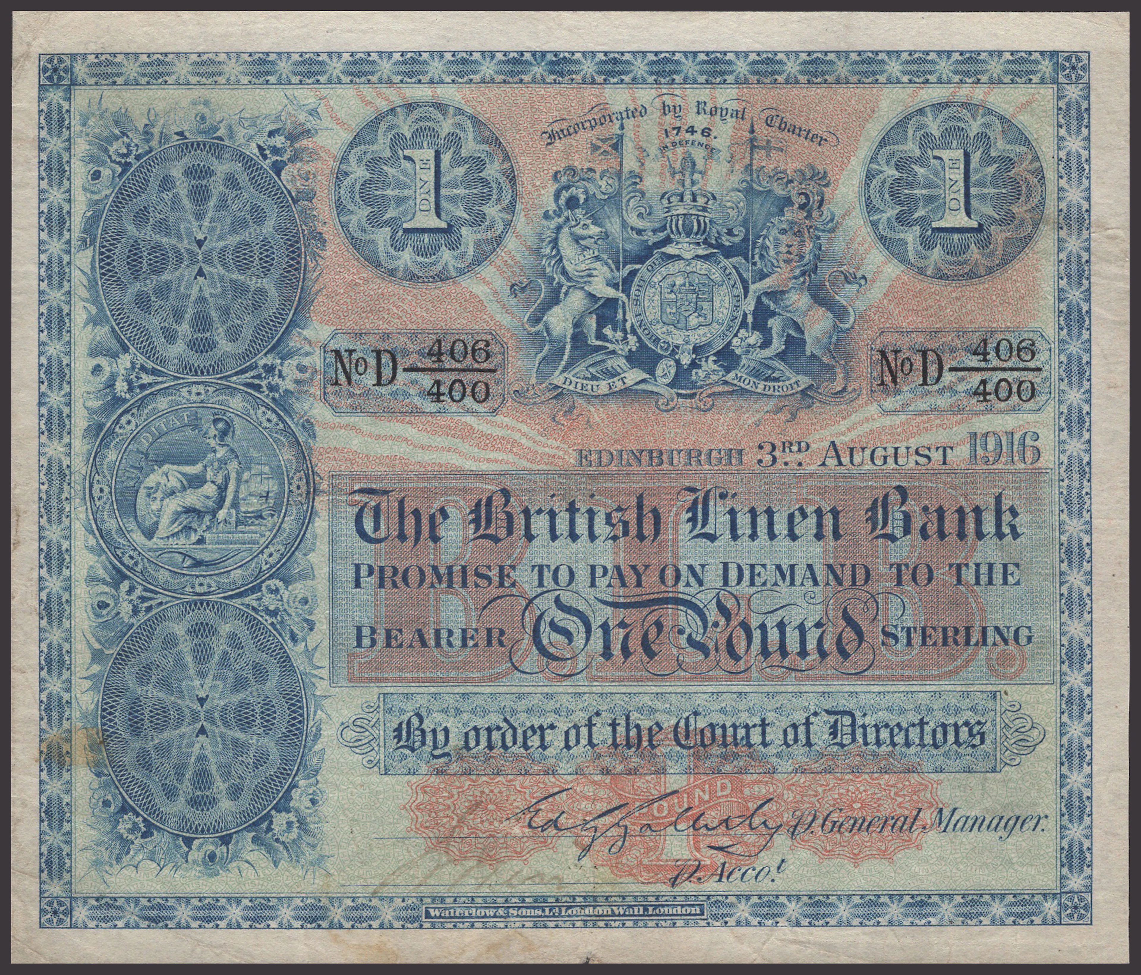 British Linen Bank, £1, 3 August 1916, serial number D 406/400, Galletly