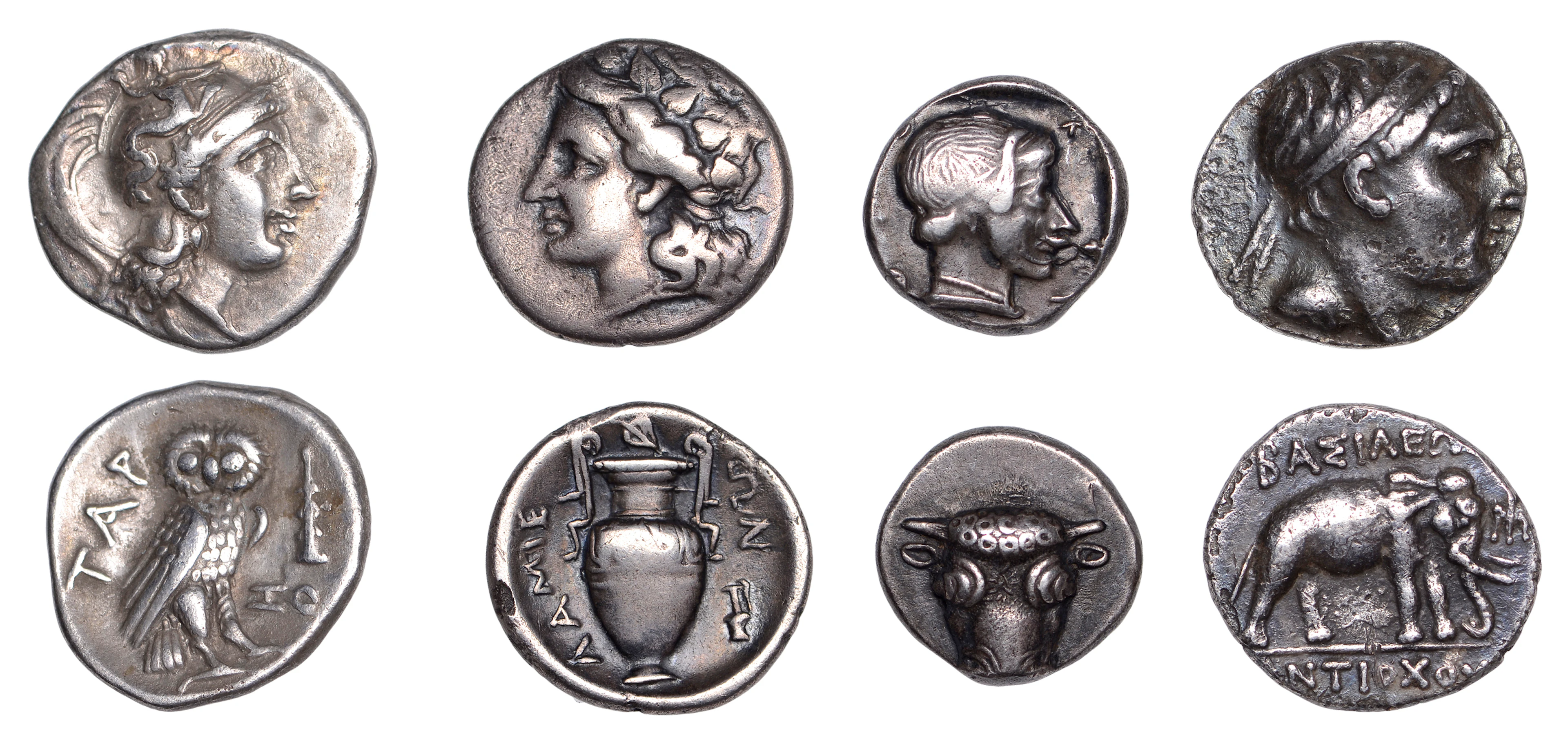 Tarentum, Drachm, 302-280, helmeted head of Athena right, rev. owl
