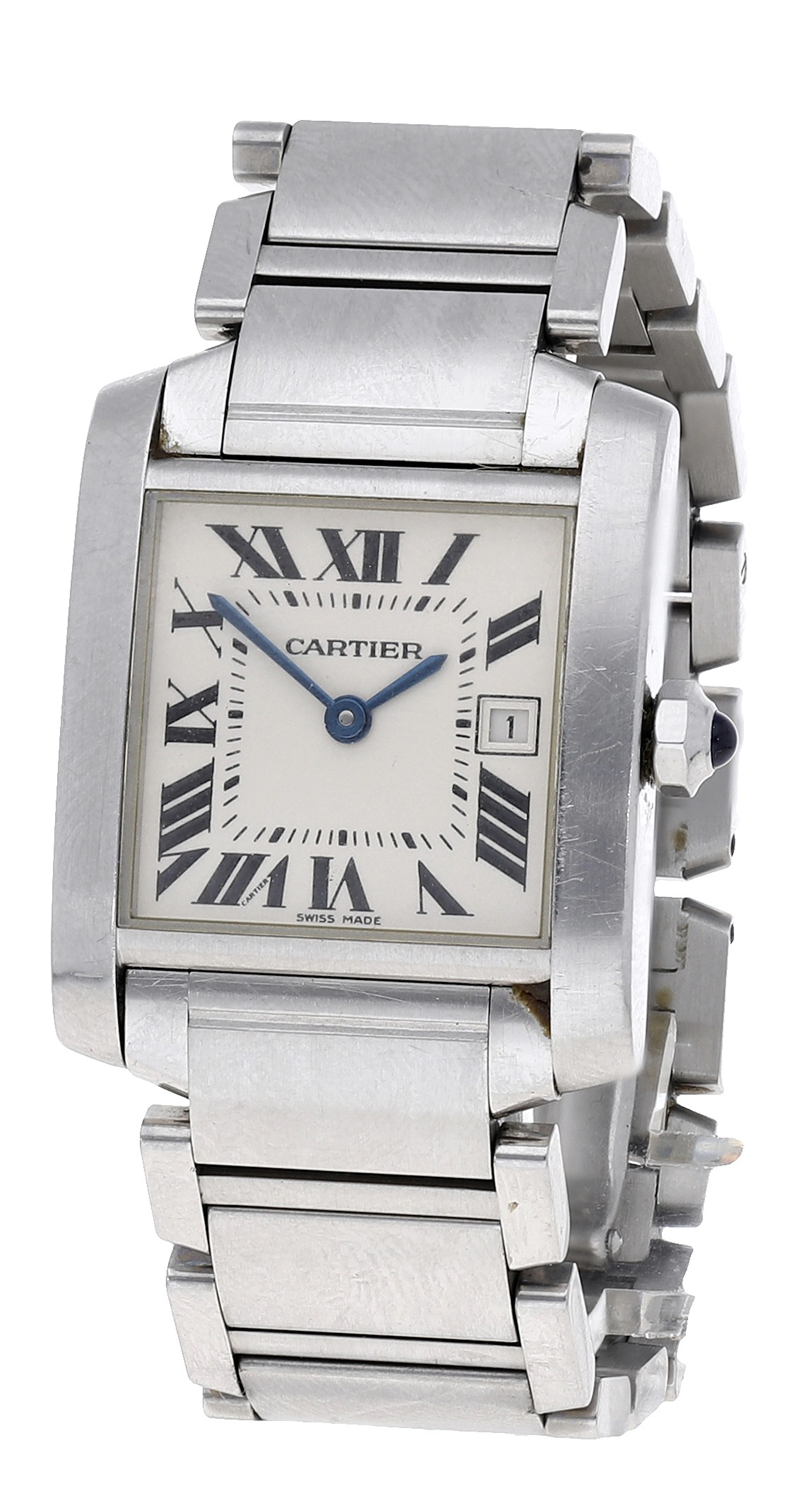 Cartier. A lady’s stainless steel rectangular wristwatch with bracelet