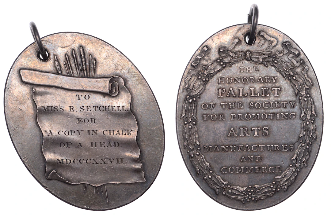 Society of Art, an unsigned silver palette, 1827, scroll of paper