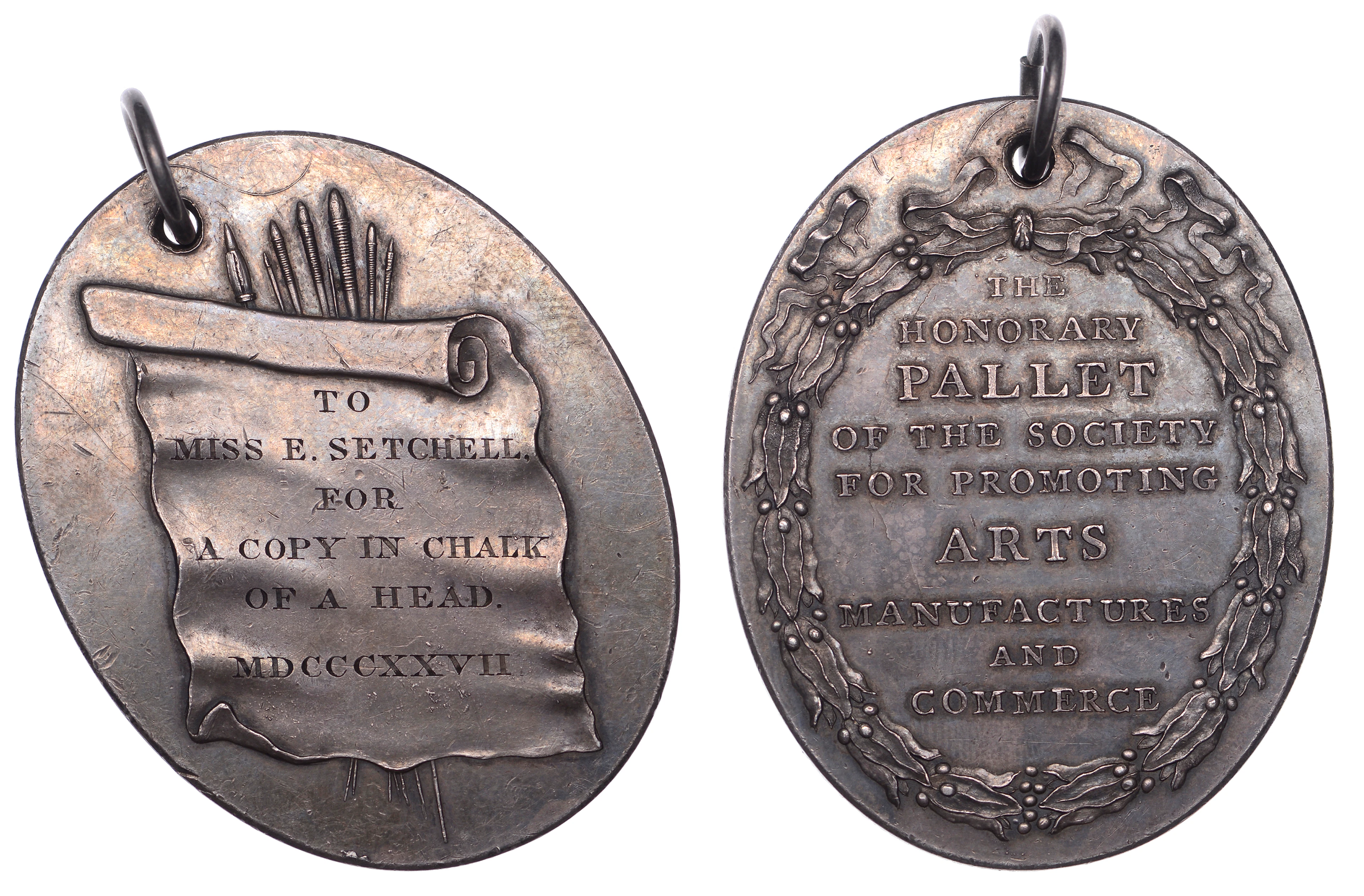 Society of Art, an unsigned silver palette, 1827, scroll of paper