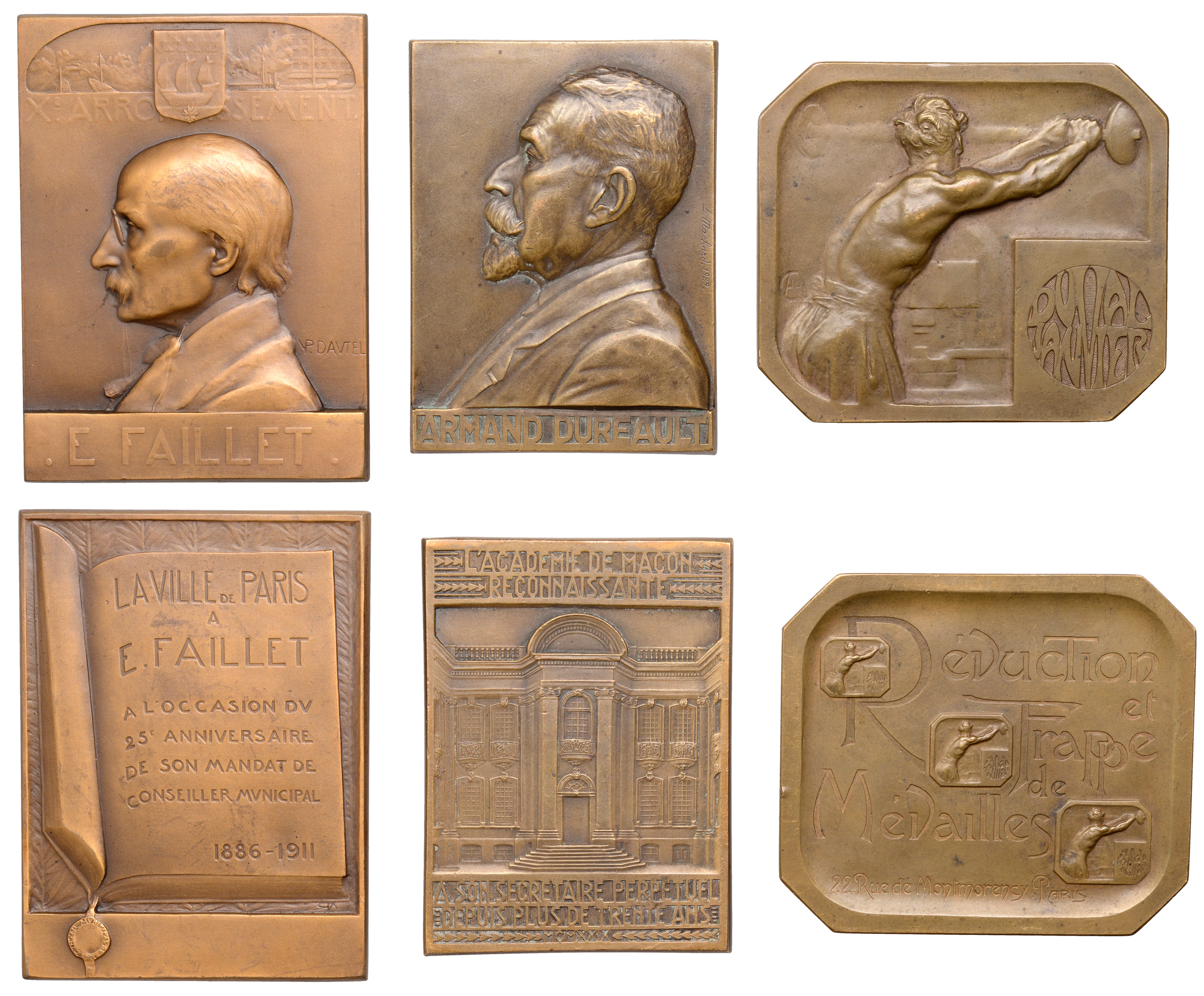 France, E. Faillet, 1911, a bronze plaque by V.-P. Davtel, 50 x 68mm;