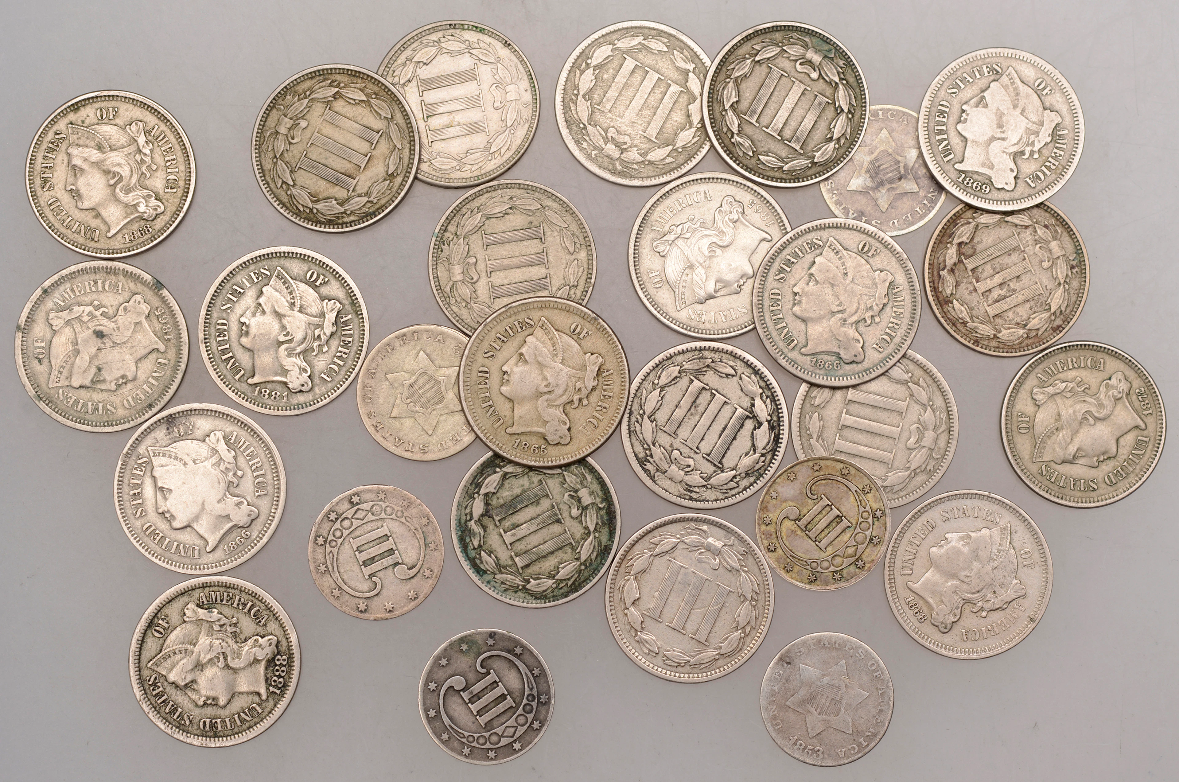 United States of America, Three Cents (28), various dates (KM 75