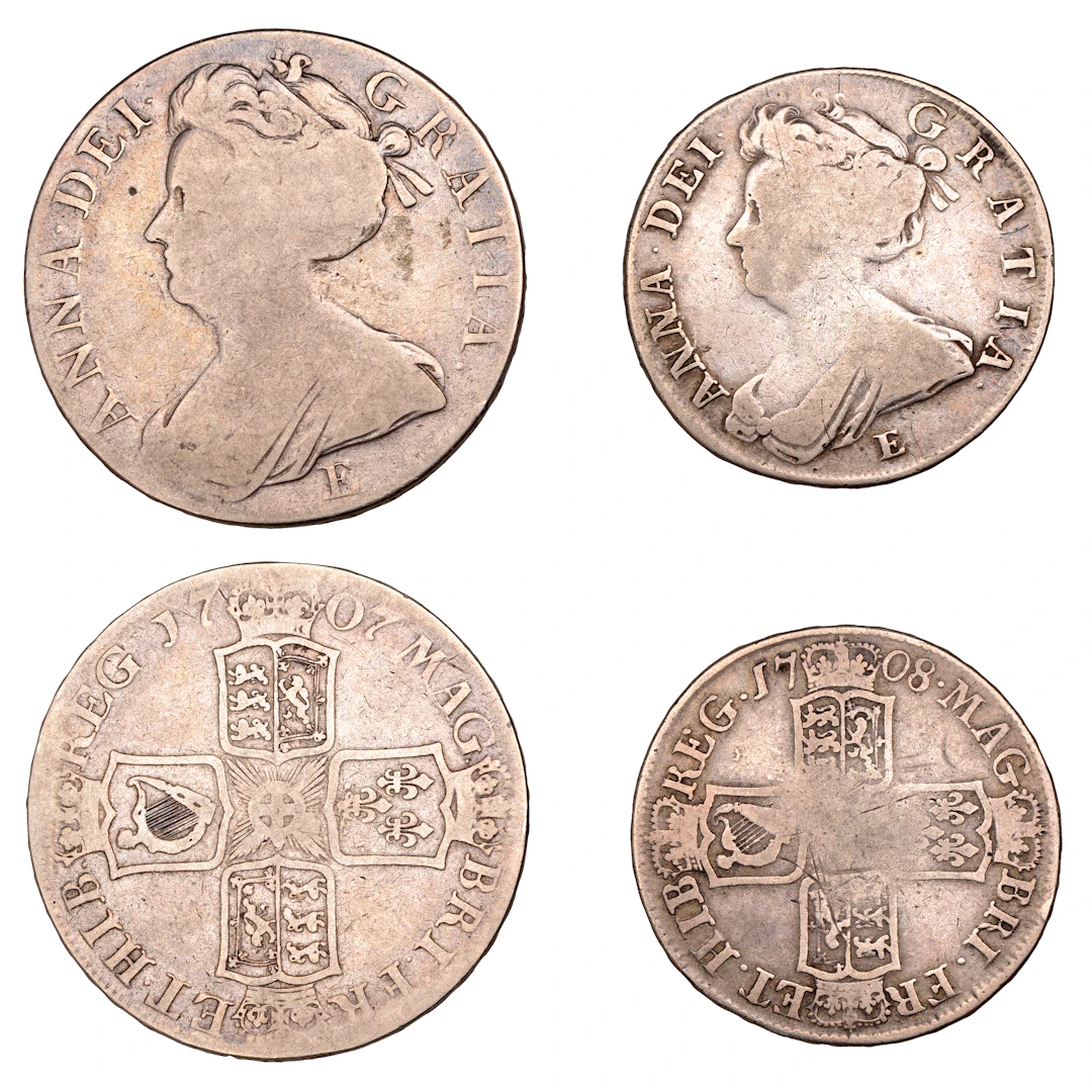 Anne, Crown and Halfcrown, both 1707e, edges sexto (ESC 1352, 1379;