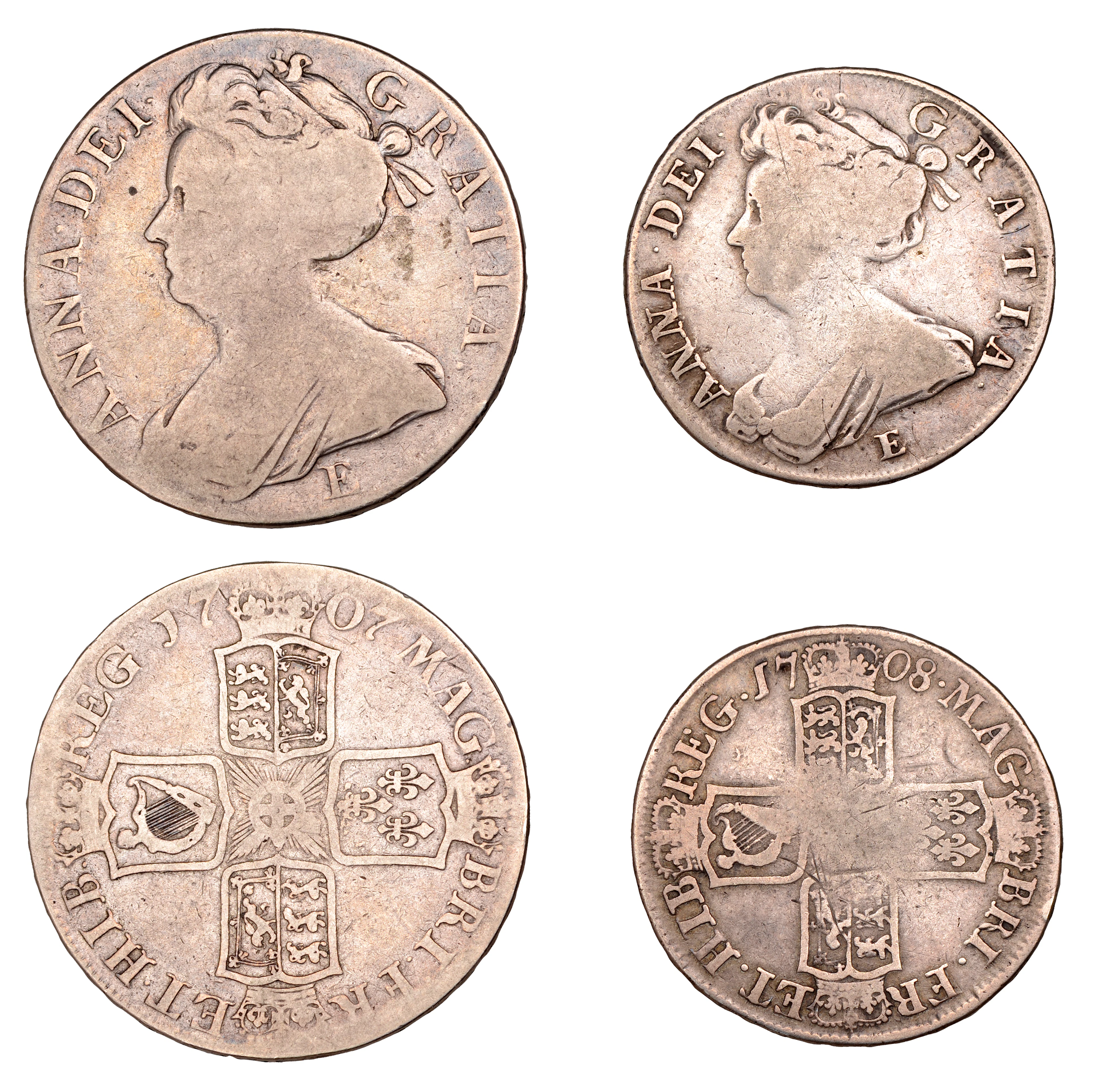 Anne, Crown and Halfcrown, both 1707e, edges sexto (ESC 1352, 1379;