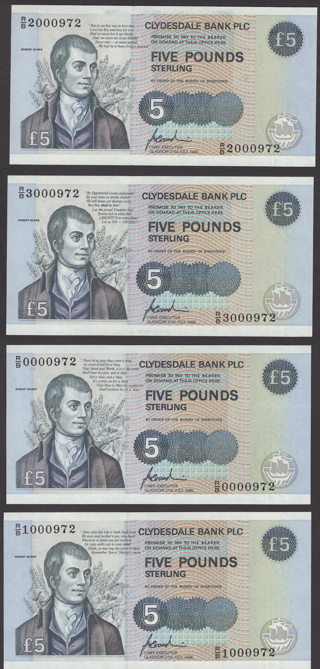 Clydesdale Bank PLC, commemorative £5 (4), 21 July 1996, serial numbers