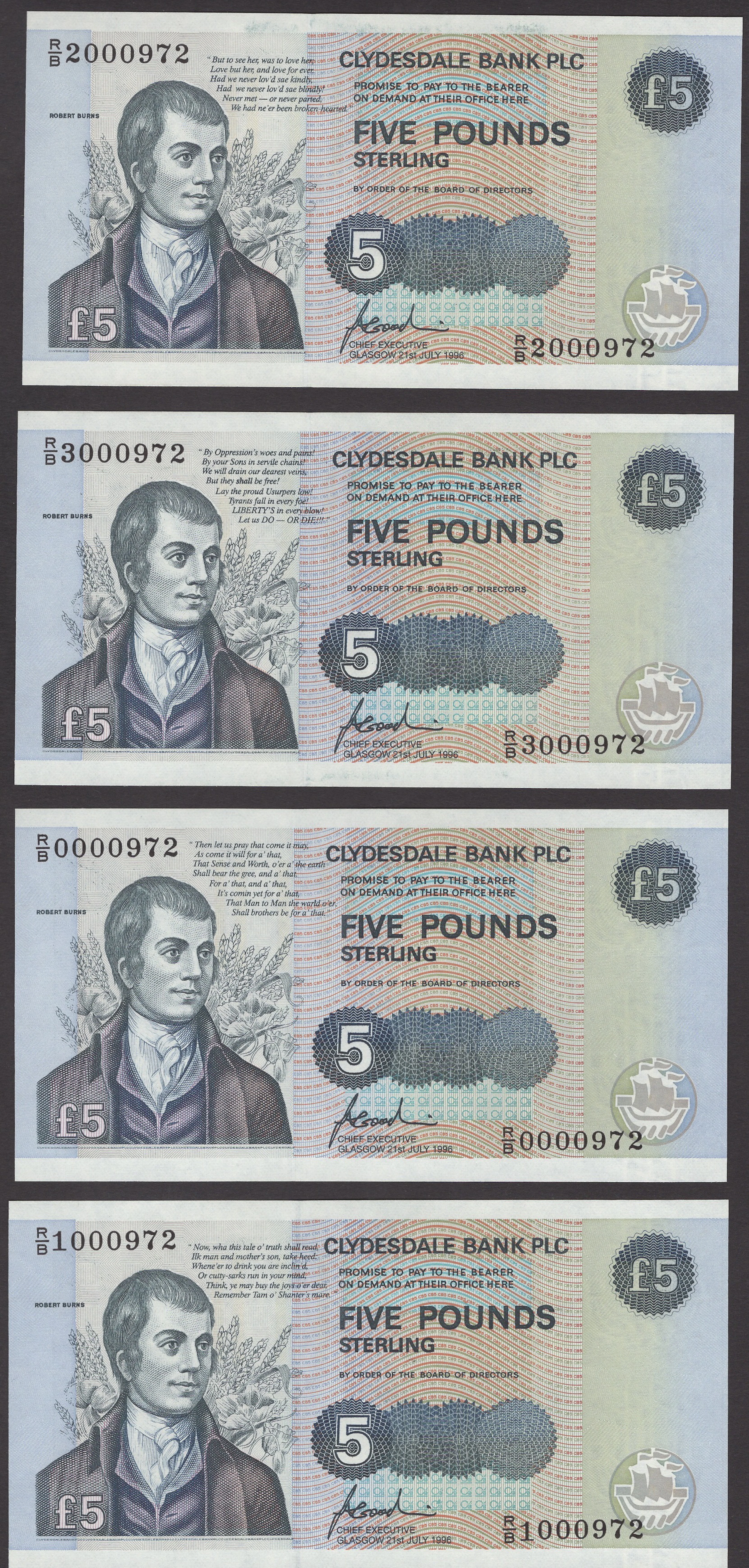 Clydesdale Bank PLC, commemorative £5 (4), 21 July 1996, serial numbers