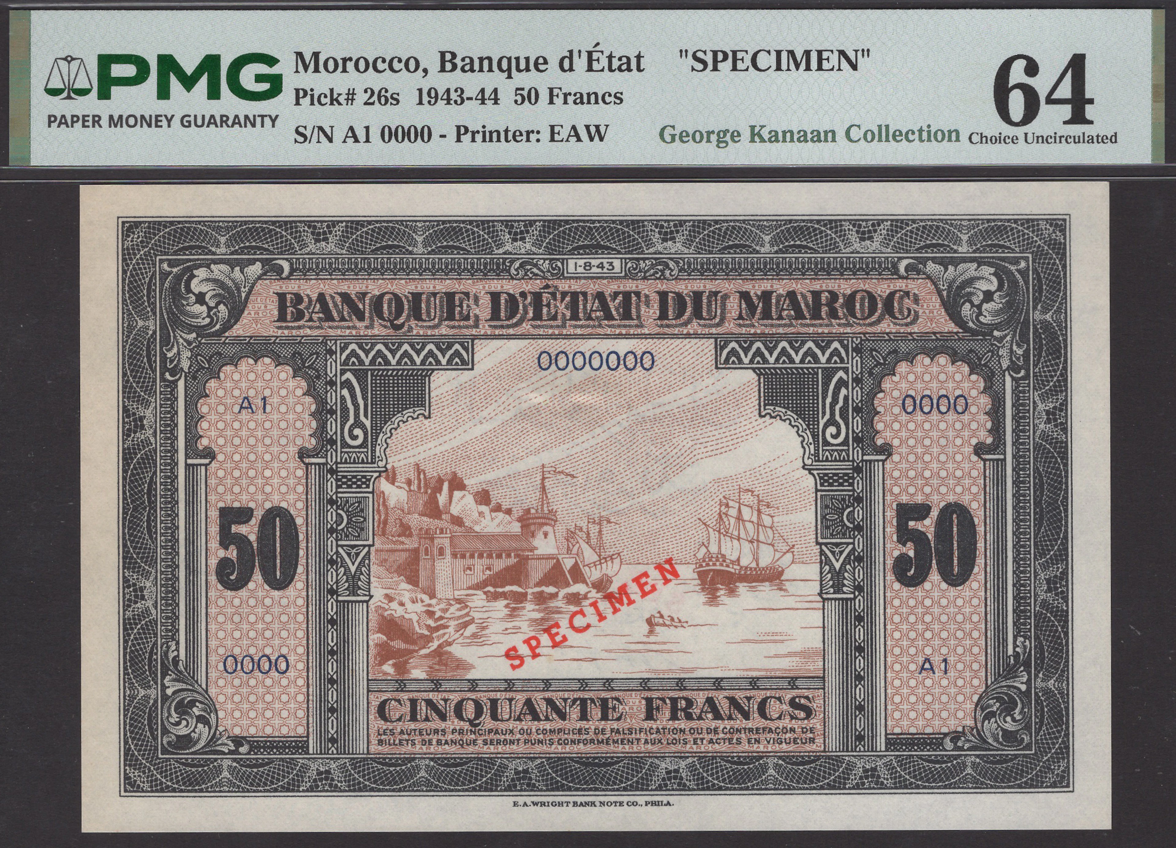 Banque d’Etat du Maroc, specimen 50 Francs, 1 August 1943, serial