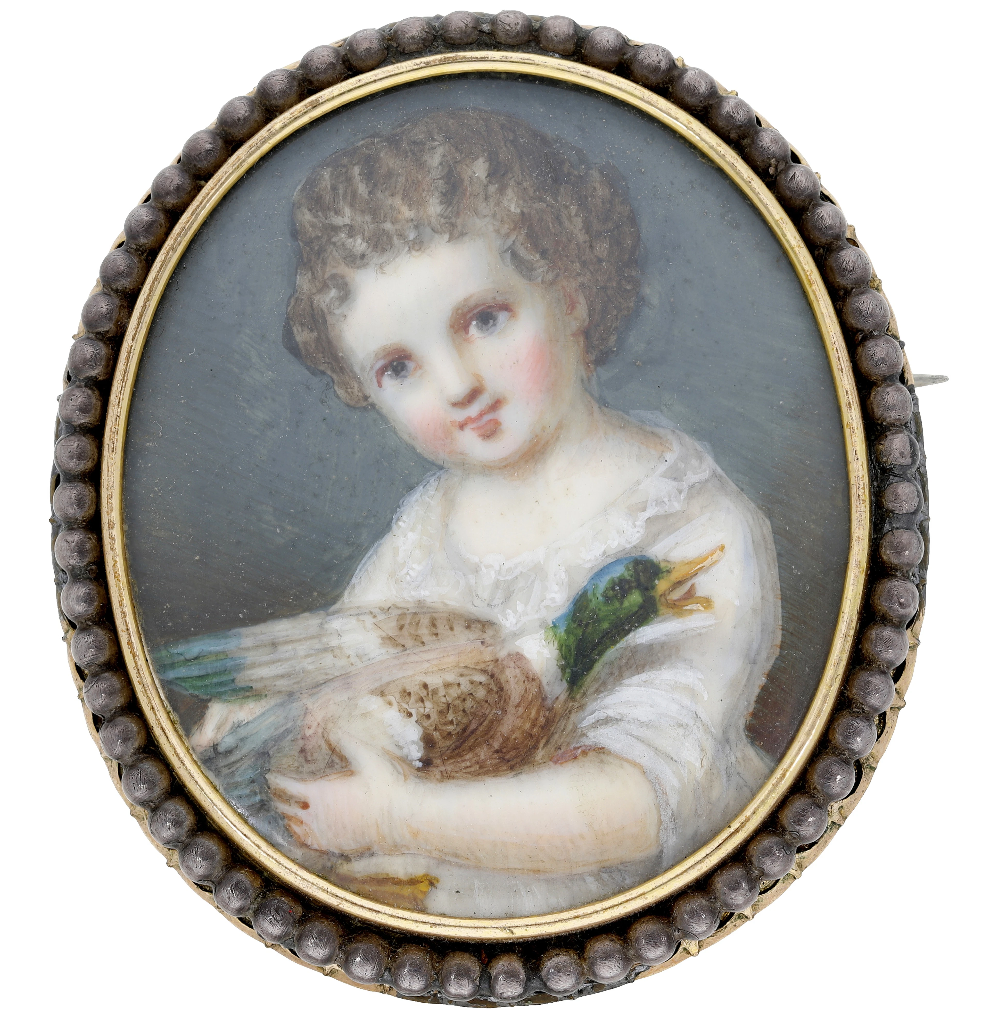 A portrait miniature brooch, the oval glazed painted portrait depicting