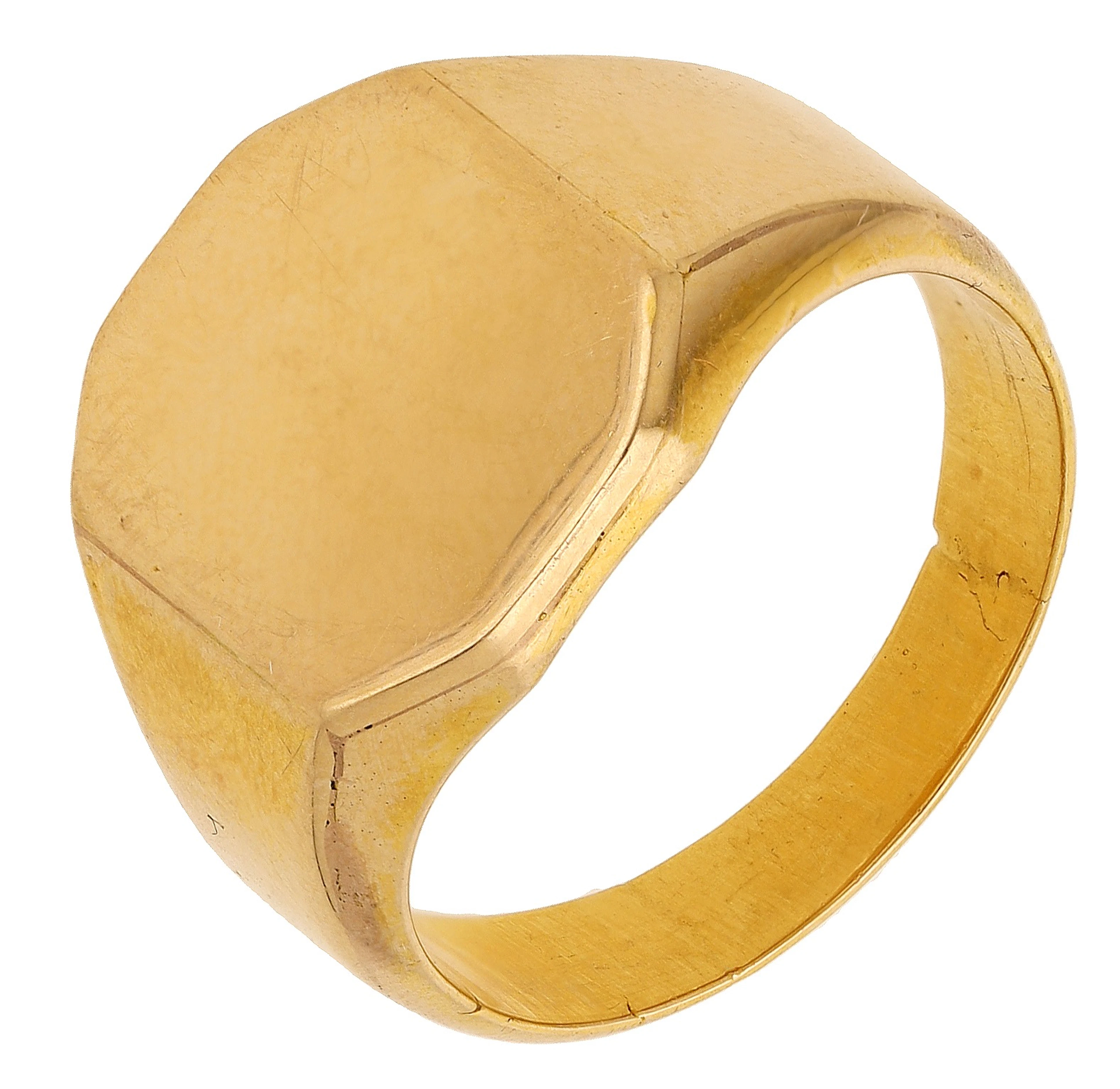 A signet ring, with a polished cushion-shaped bezel, to tapered shank