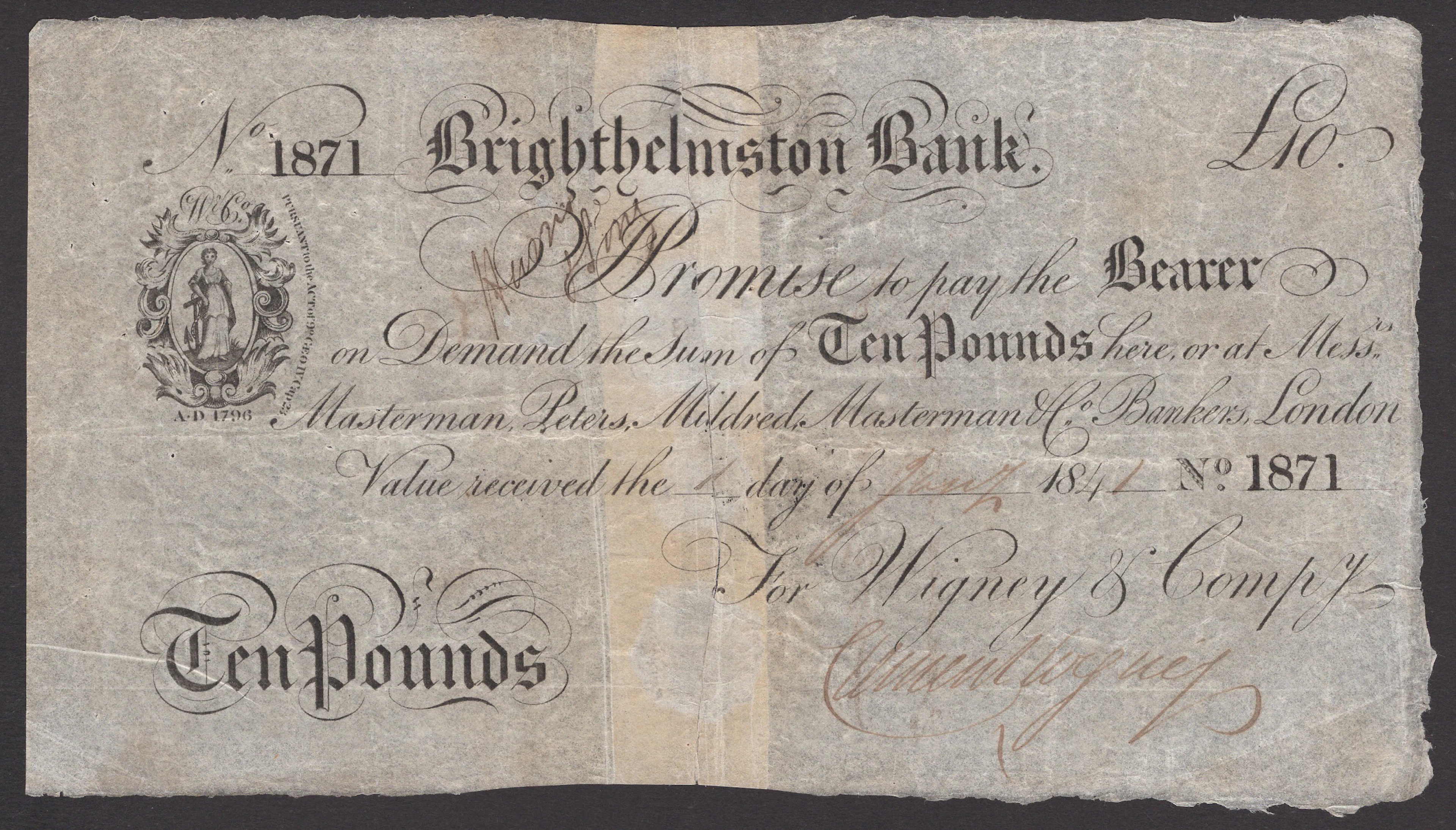 Brighthelmston Bank, for Wigney & Company, £10, 1 January 1841, serial