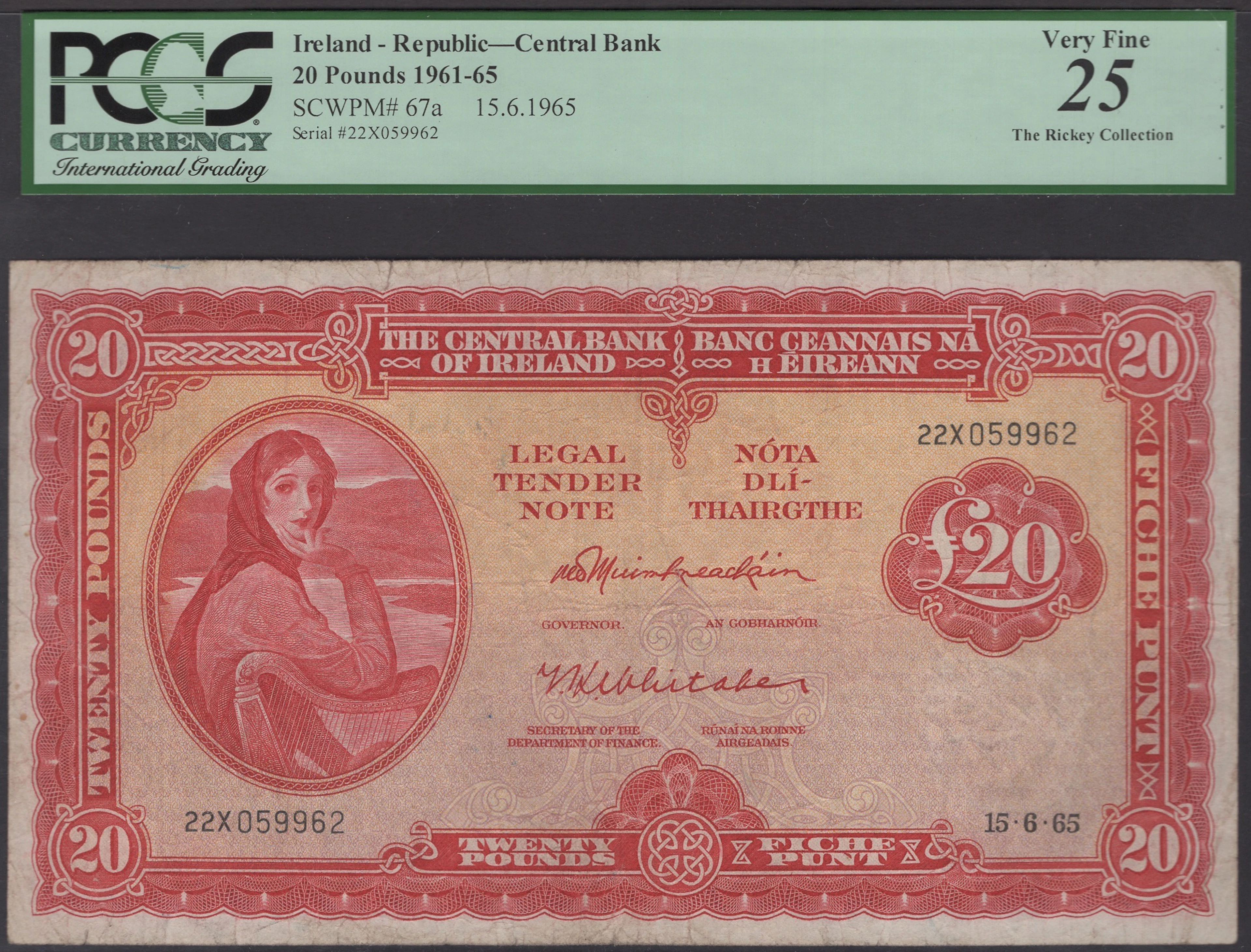 Central Bank of Ireland, £20 (2), 21 March 1962, serial number 22X059962
