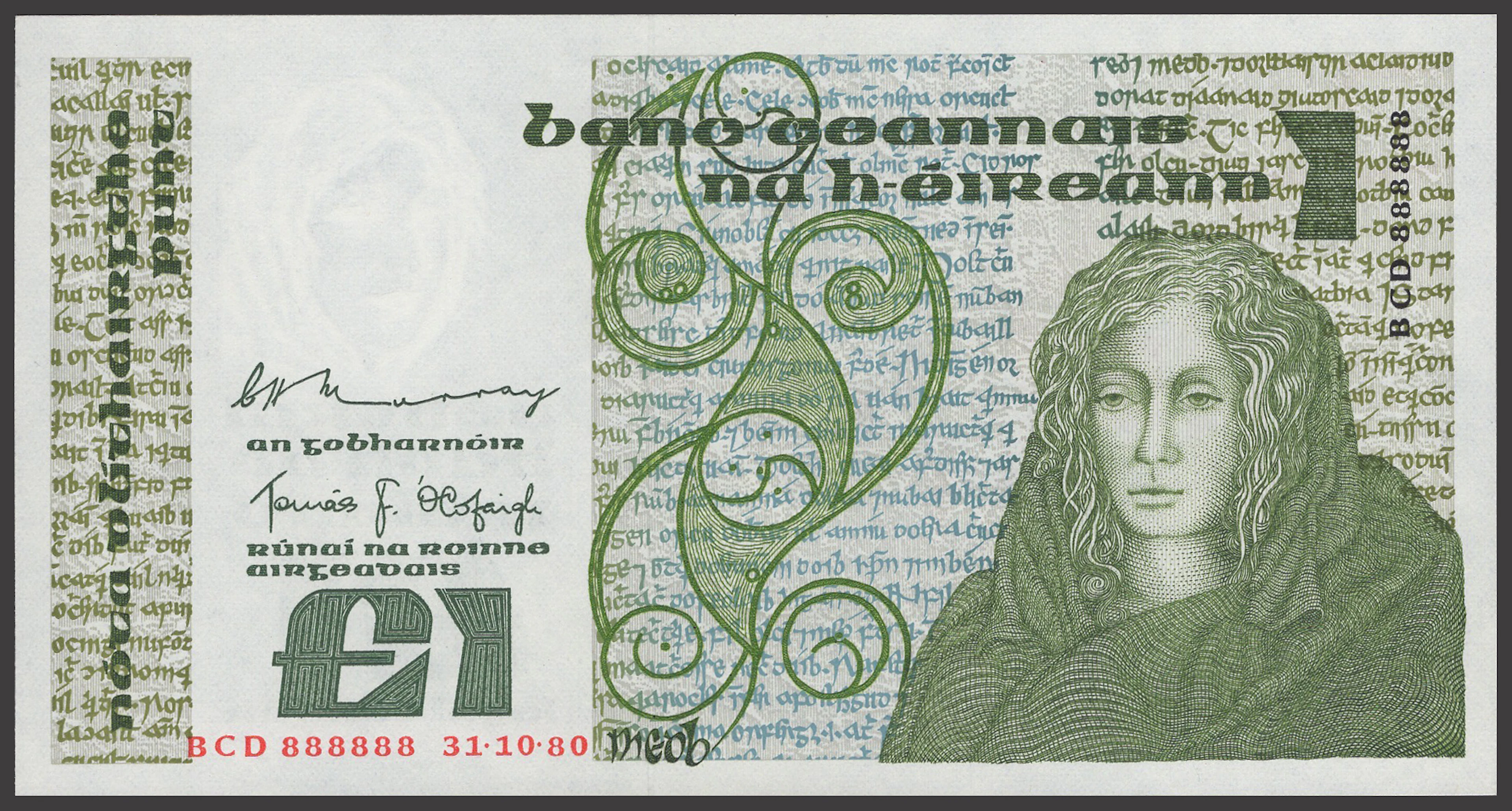 Central Bank of Ireland, £1, 31 October 1980, serial number BCD 888888