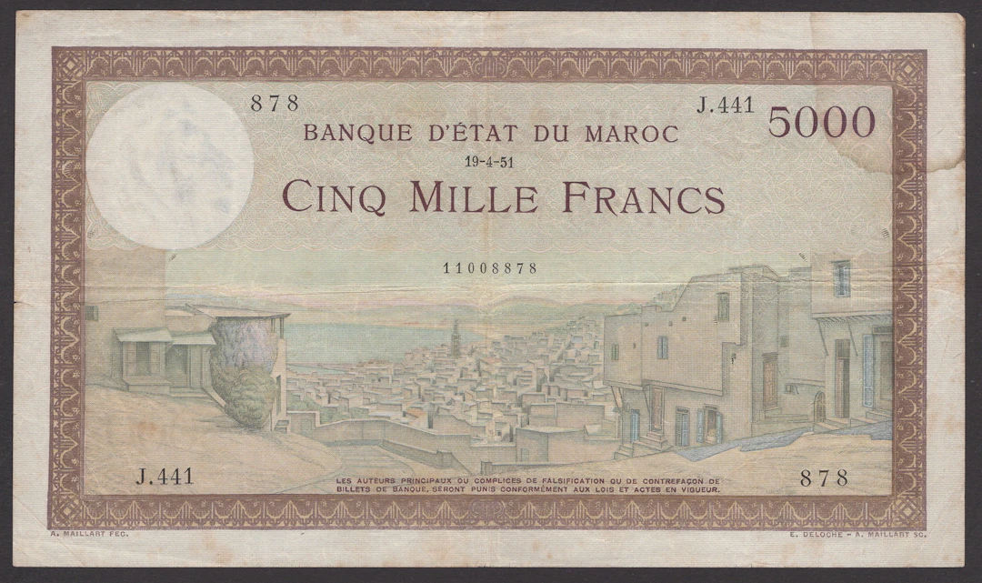 Banque d’Etat du Maroc, 5000 Francs, serial number J.441 878, Guessous