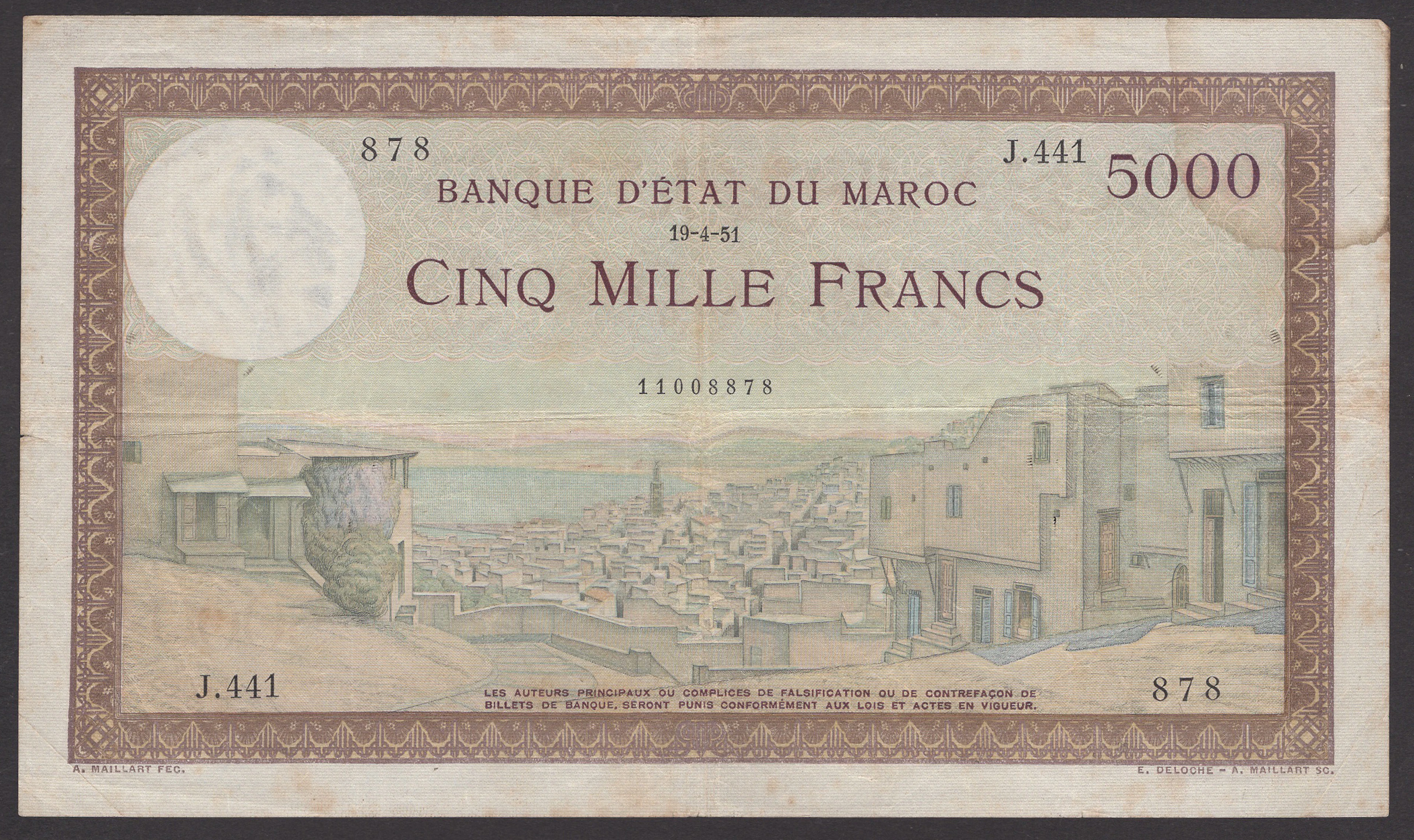 Banque d’Etat du Maroc, 5000 Francs, serial number J.441 878, Guessous
