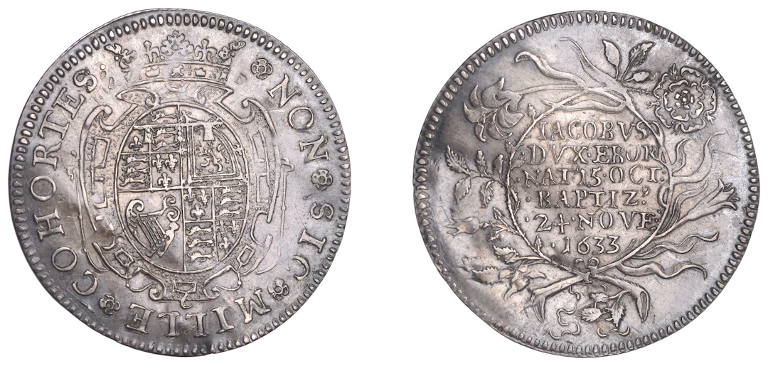 Baptism of Prince James, 1633, a silver medal by N. Briot, Prince’s