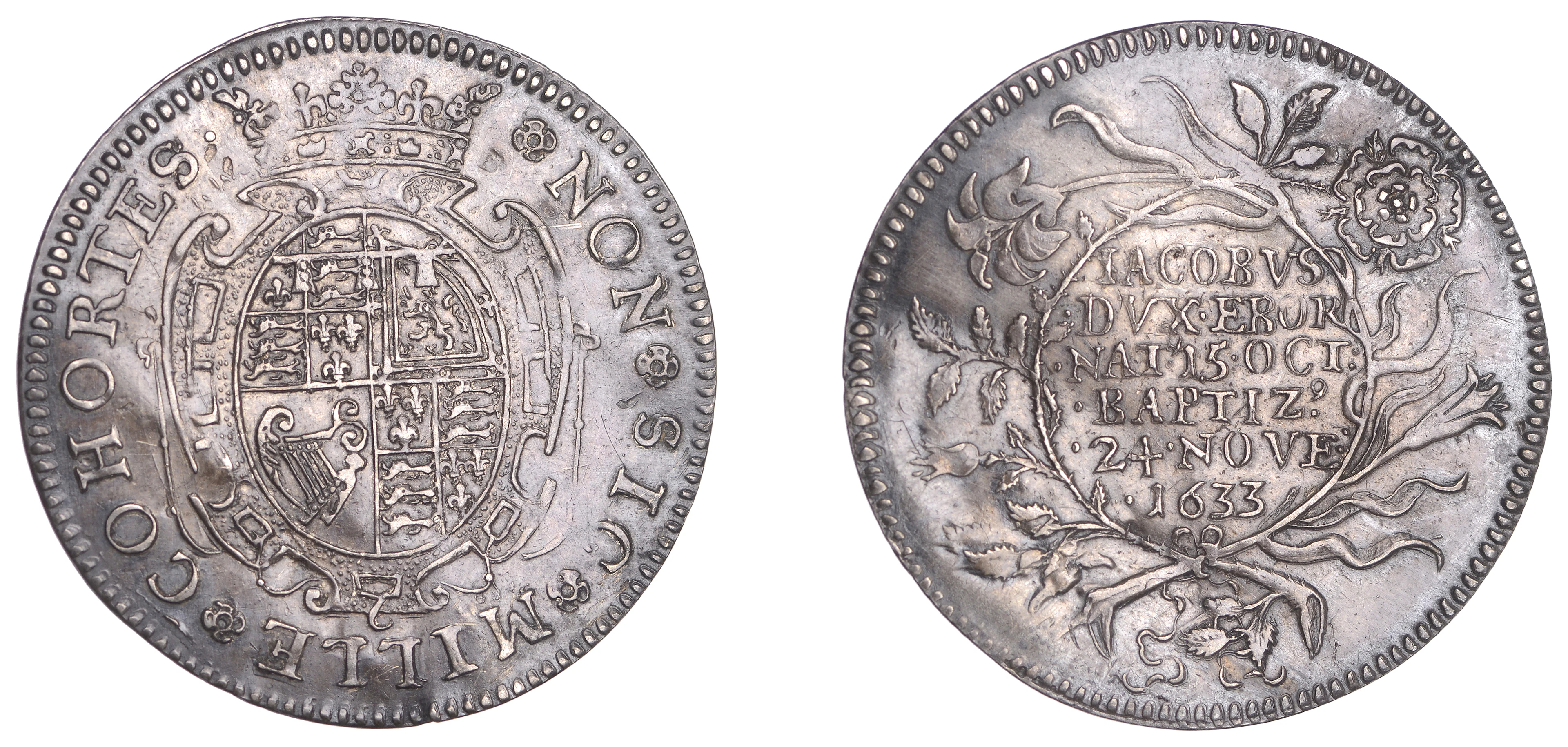 Baptism of Prince James, 1633, a silver medal by N. Briot, Prince’s