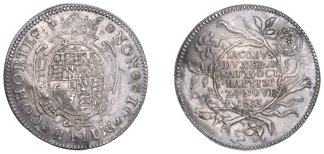 Baptism of Prince James, 1633, a silver medal by N. Briot, Prince’s