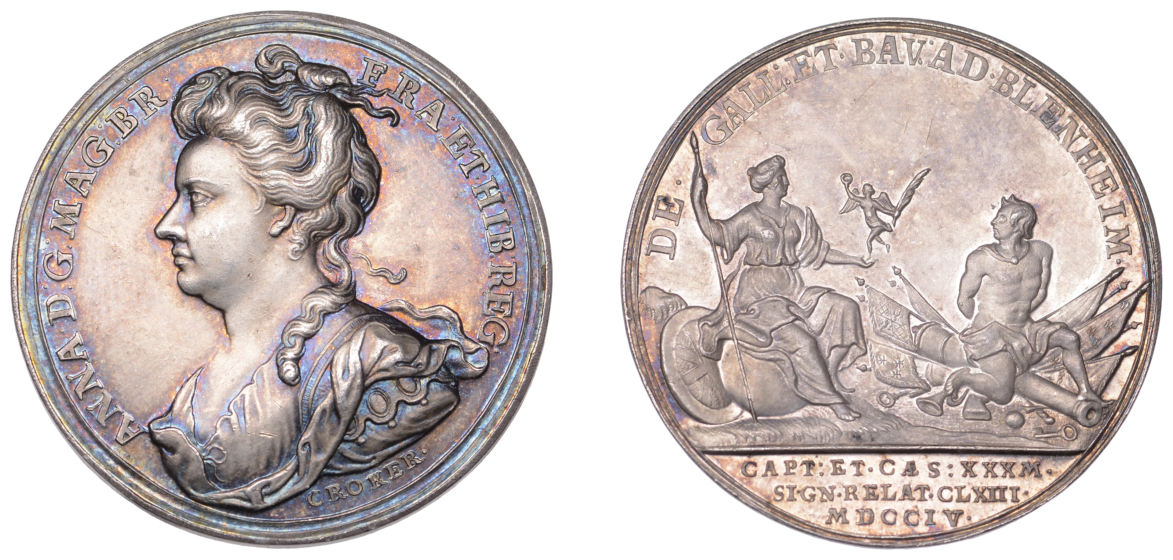 Battle of Blenheim, 1704, a silver medal by J. Croker, bust of Anne