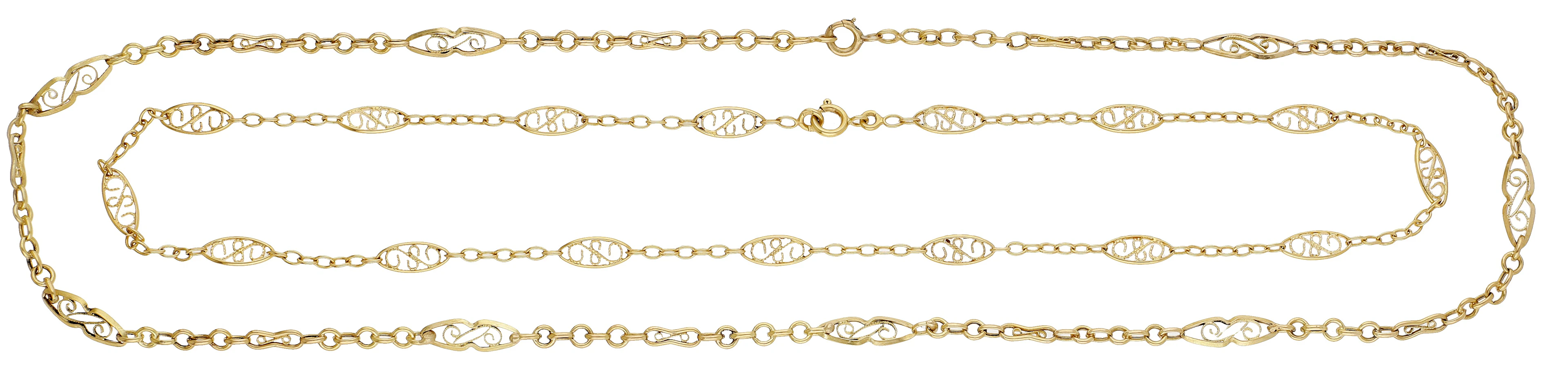 Two fancy-link chains, both composed of alternating pierced scroll