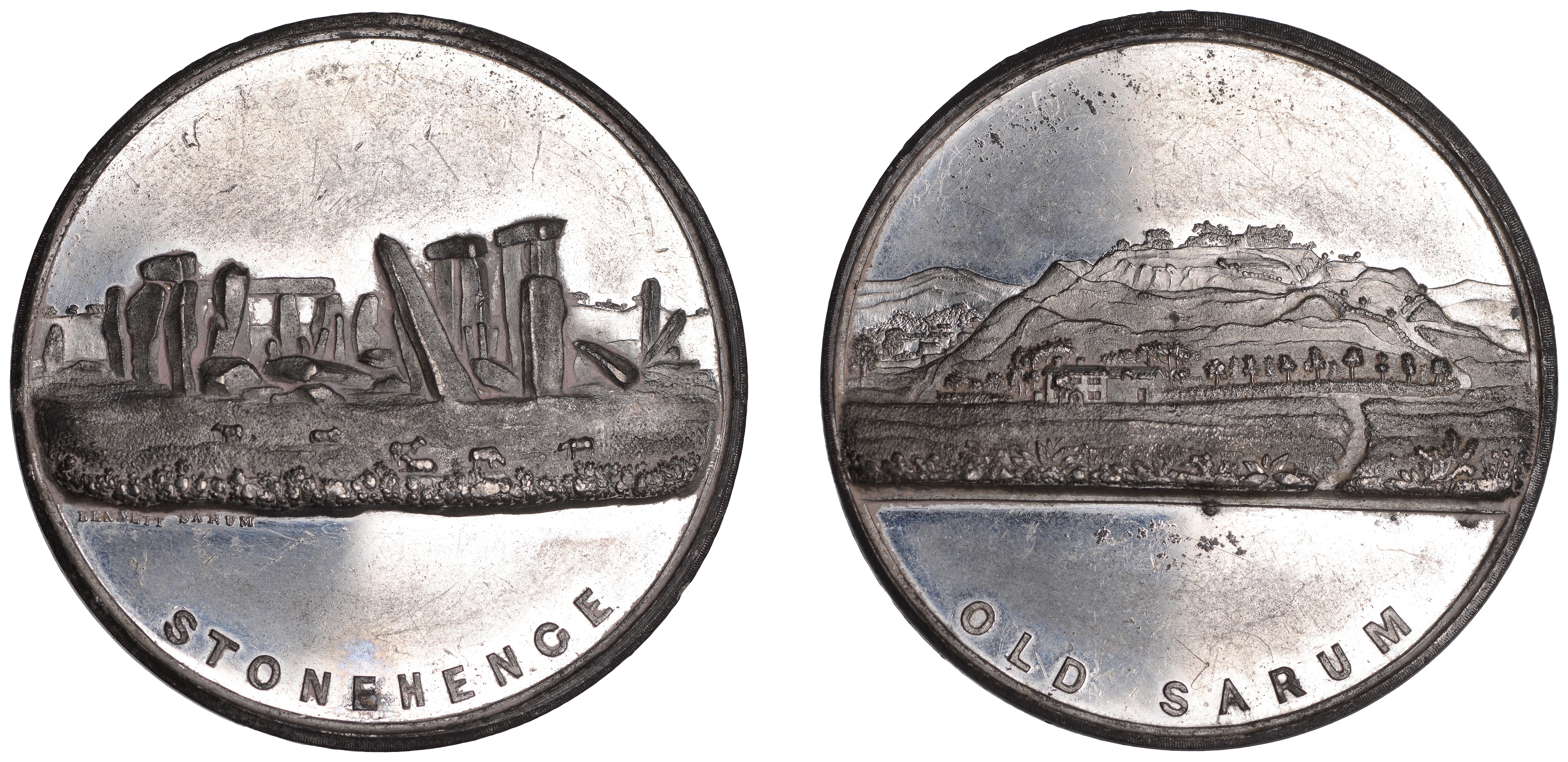 Old Sarum - Stonehenge, undated (1843), a white metal medal by Bennett