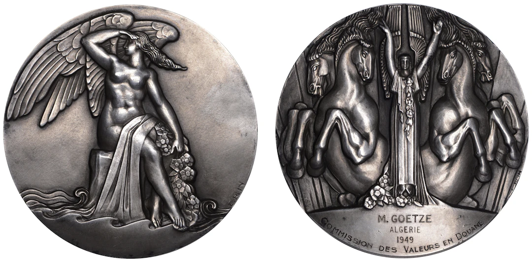 FRANCE, L’Aurore, 1942, an Art Déco silver medal by É.-P. Blin, winged