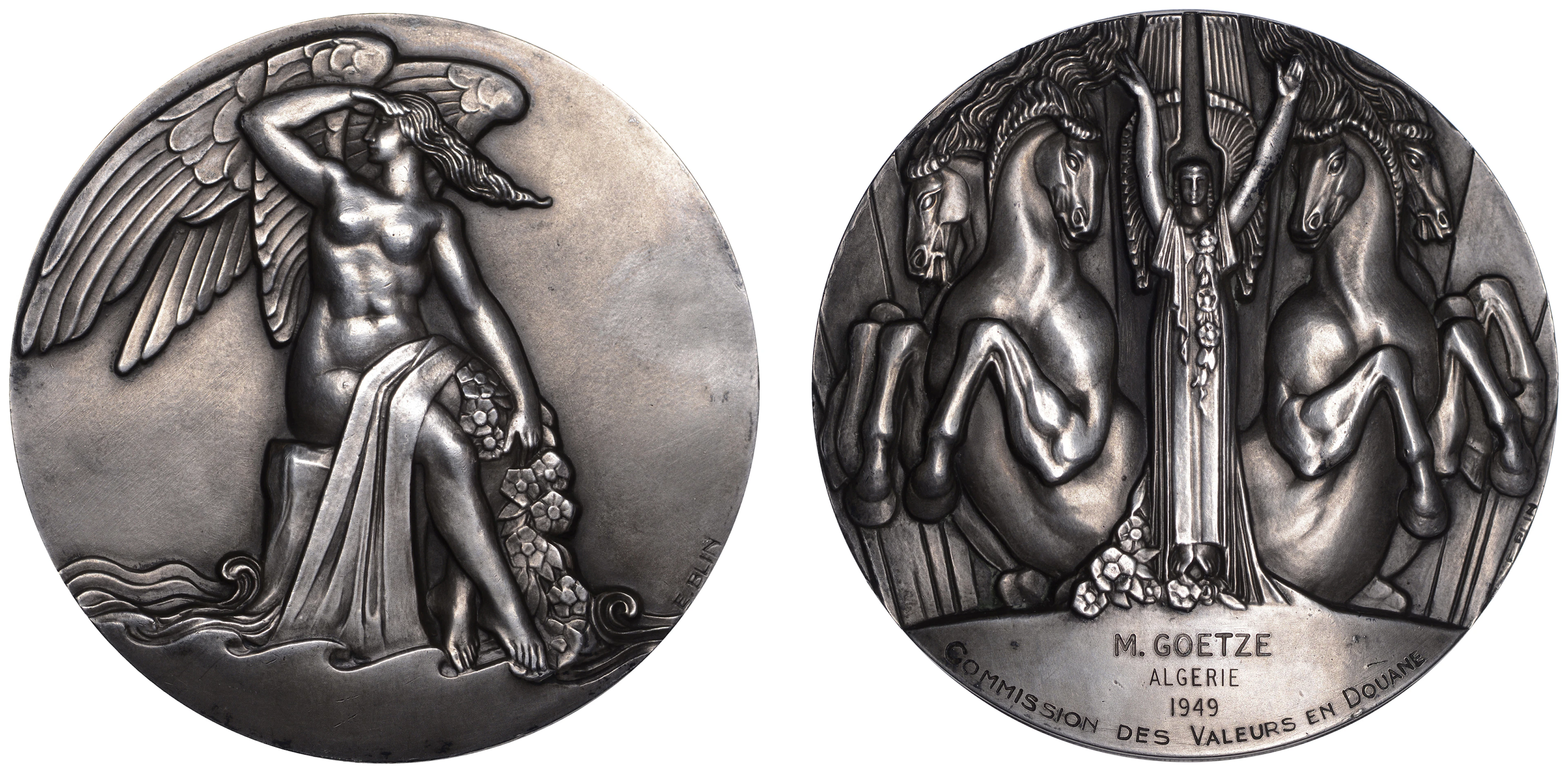 FRANCE, L’Aurore, 1942, an Art Déco silver medal by É.-P. Blin, winged