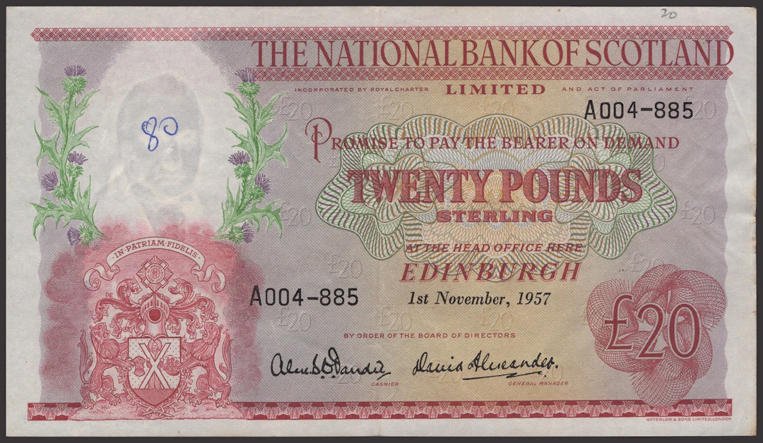 National Bank of Scotland Limited, £20 (14), 1 November 1957, serial