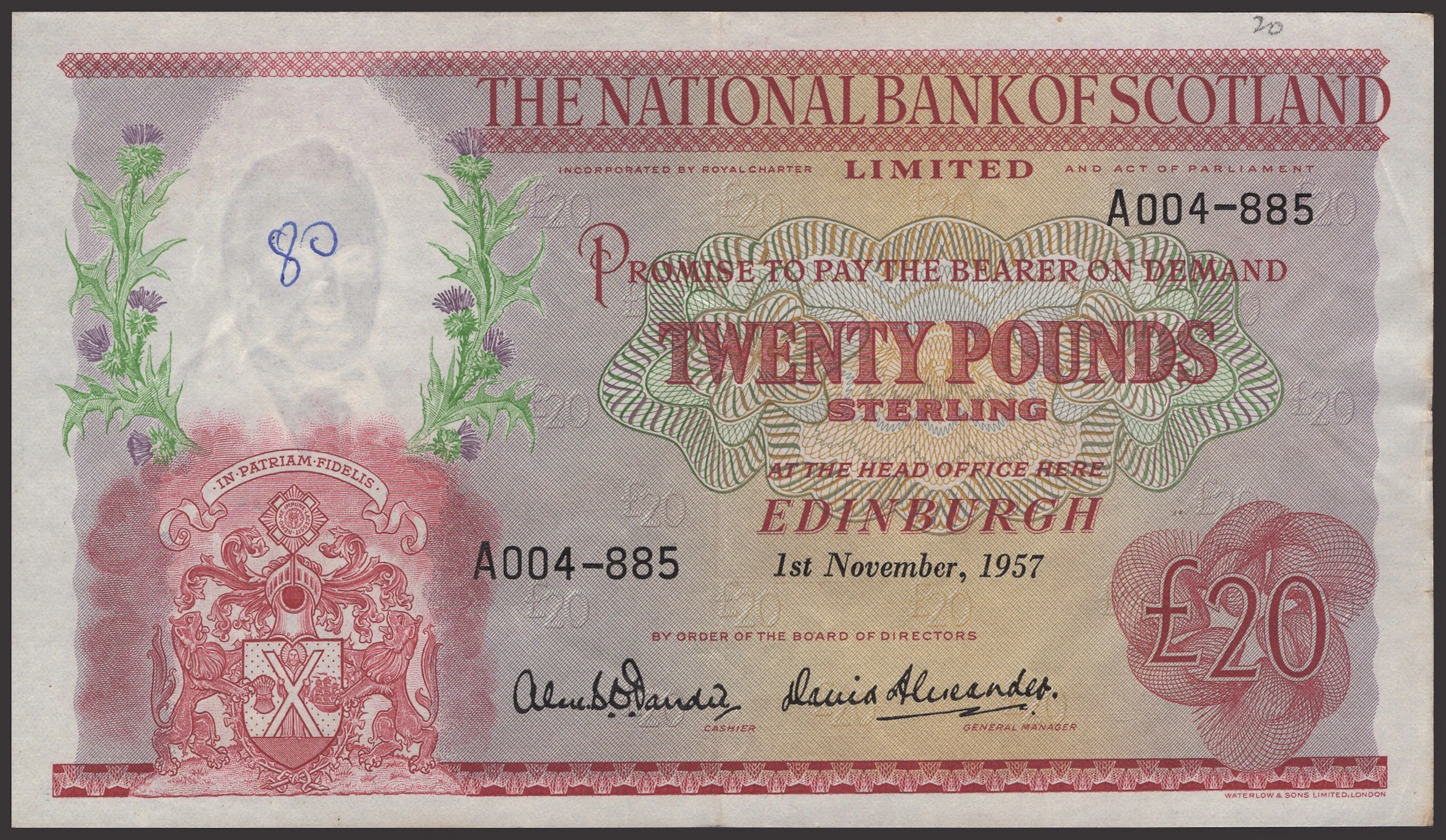 National Bank of Scotland Limited, £20 (14), 1 November 1957, serial